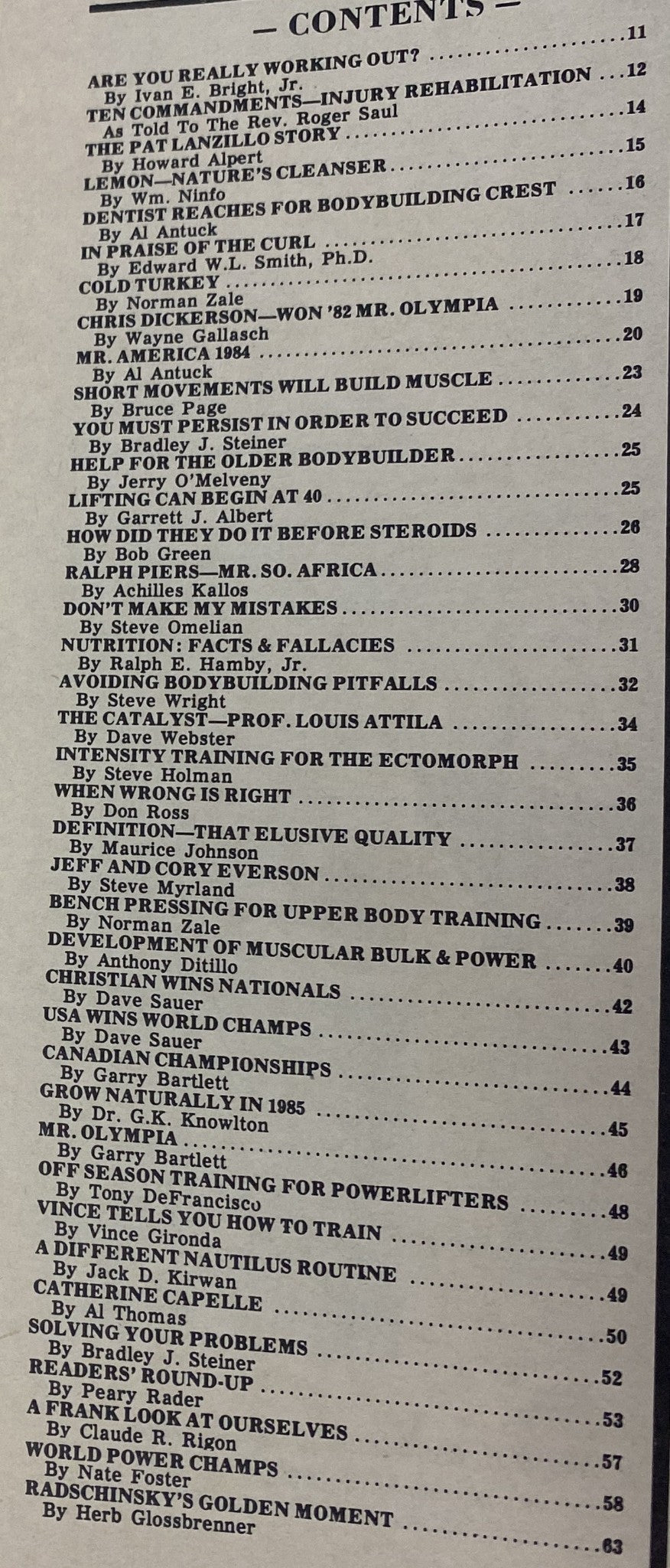 Table of contents from IronMan Magazine March 1985 Vol 44 No. 3, listing articles and features related to bodybuilding and fitness.