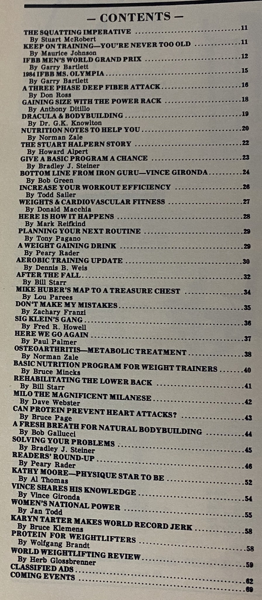 Table of contents from IronMan Magazine May 1985 Vol 44 No. 4, listing articles and features including workouts and bodybuilding tips.
