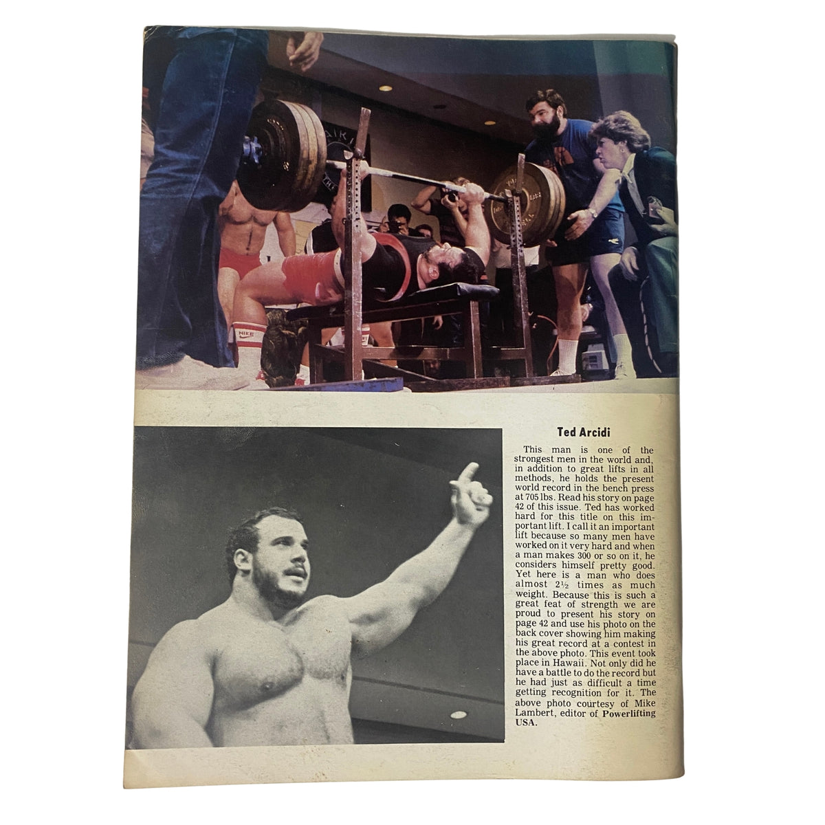 Back cover of IronMan Magazine, September 1985, Vol 44 No 6, featuring a photo of Ted Arcidi during a bench press competition with a brief biography.