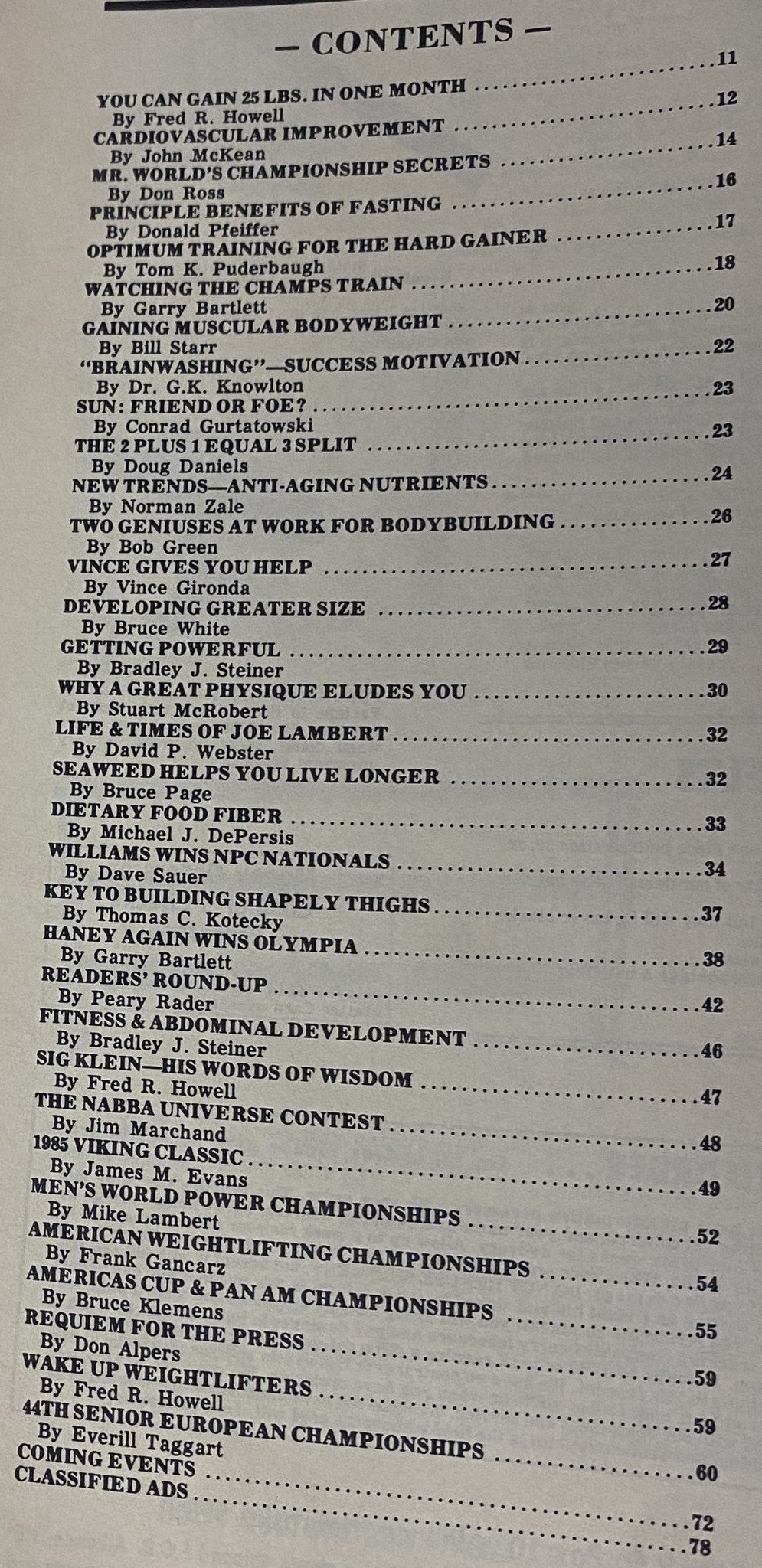 Inside contents page of IronMan Magazine March 1986, listing articles and features, including topics on bodybuilding training and nutrition.