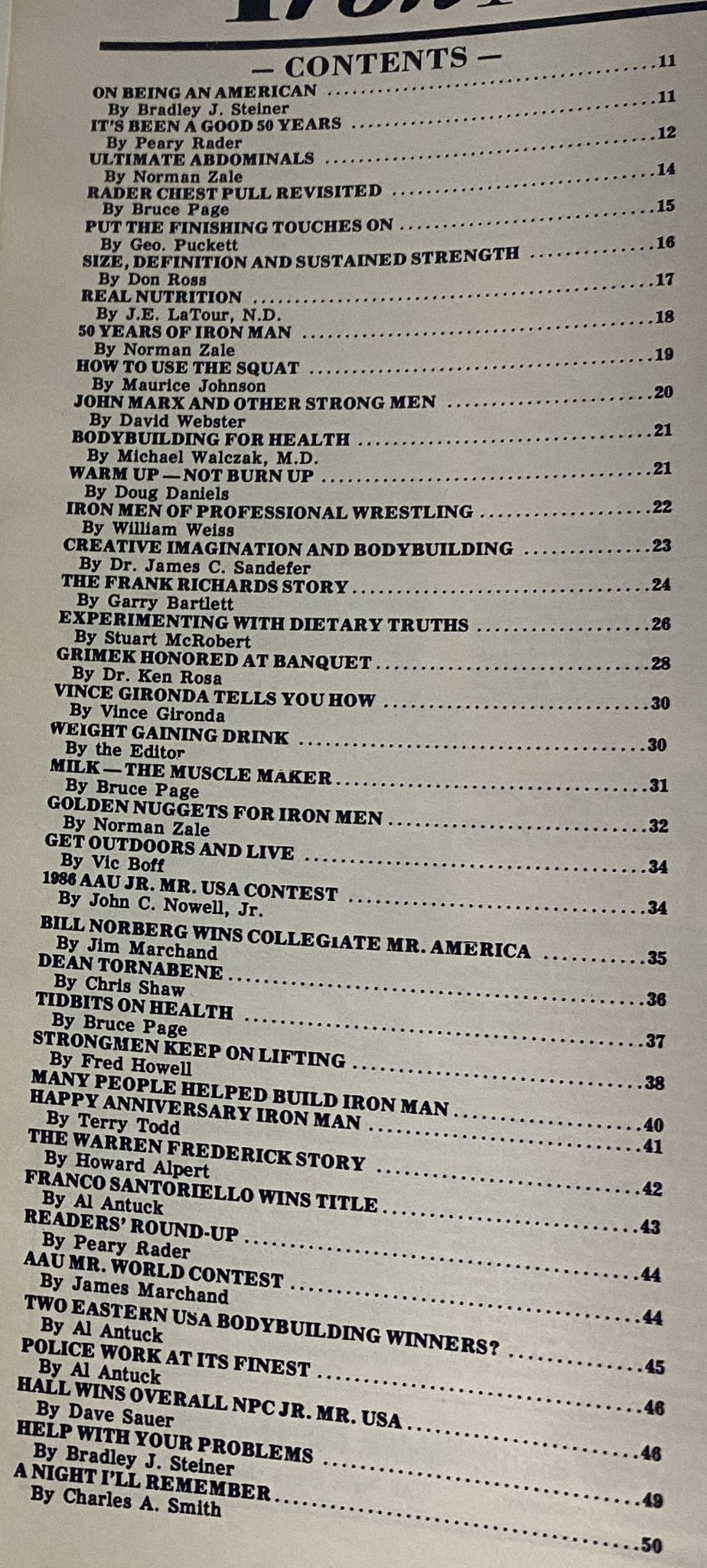 Table of contents from IronMan Magazine September 1986 Vol 45 No. 6, highlighting various articles, including topics on bodybuilding and health.