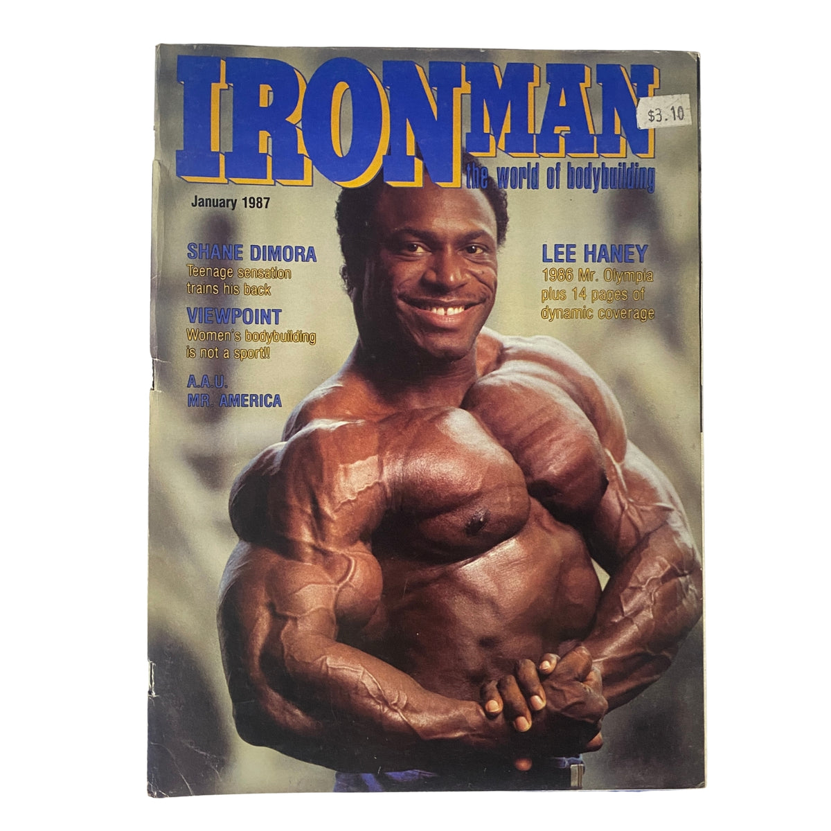 IronMan Magazine January 1987 cover featuring Lee Haney, Mr. Olympia champion, showcasing bodybuilding excellence and performance. This issue highlights Shane Dimora and includes various bodybuilding contests and training tips.