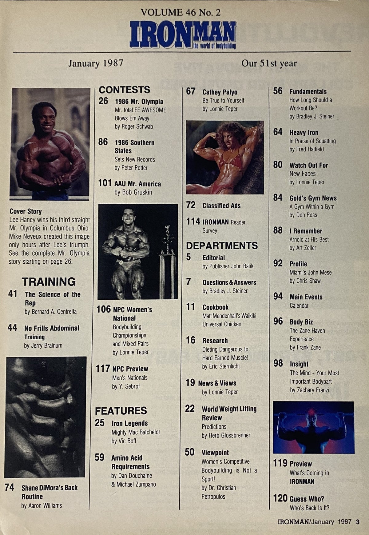Inside contents page of IronMan Magazine January 1987, Volume 46, Number 2, outlining features such as contests, training articles, and bodybuilding philosophy, celebrating the influential figures in the bodybuilding community.
