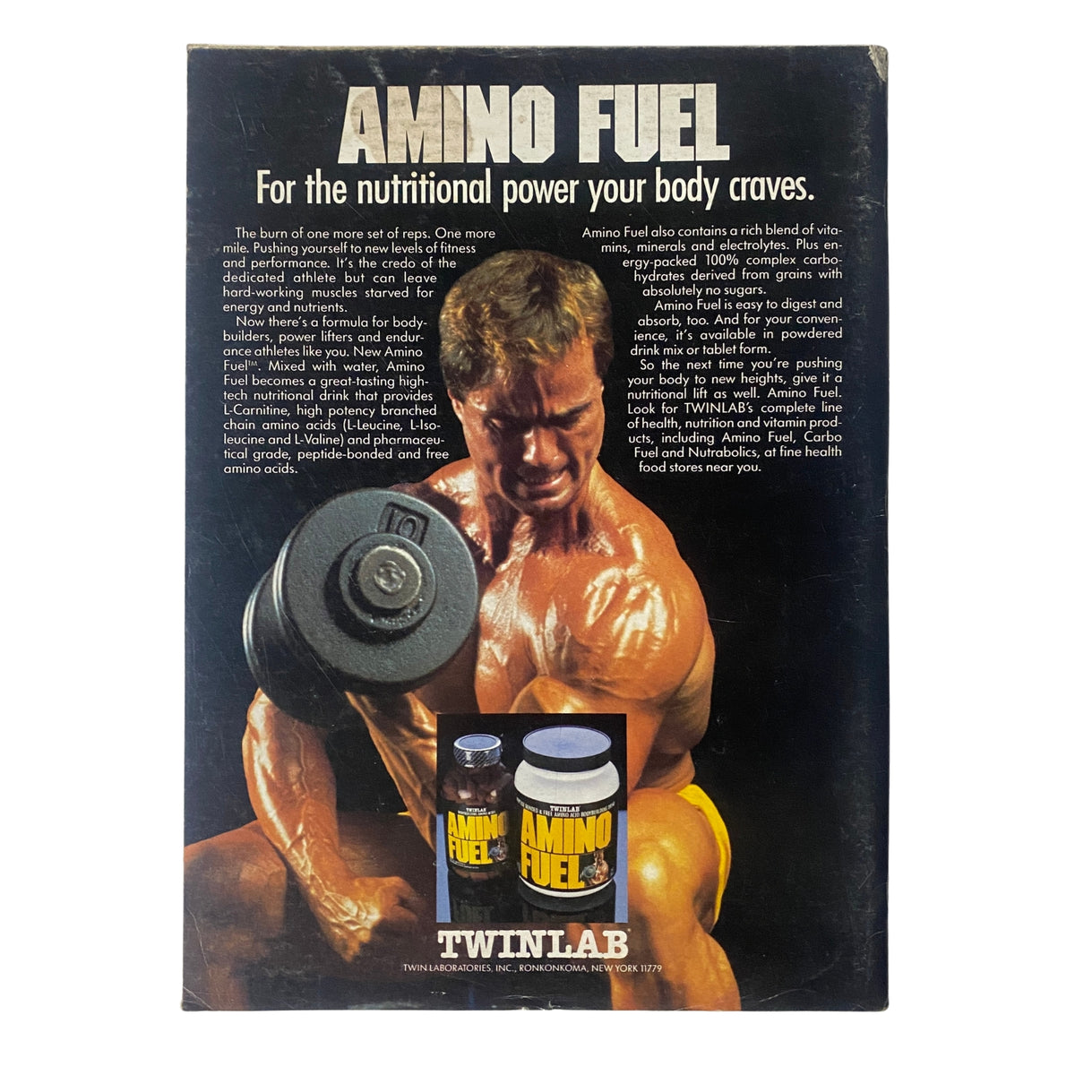 Back cover of IronMan Magazine March 1987 promoting Amino Fuel supplement with an image of a muscular man lifting weights, emphasizing nutritional power for bodybuilding.