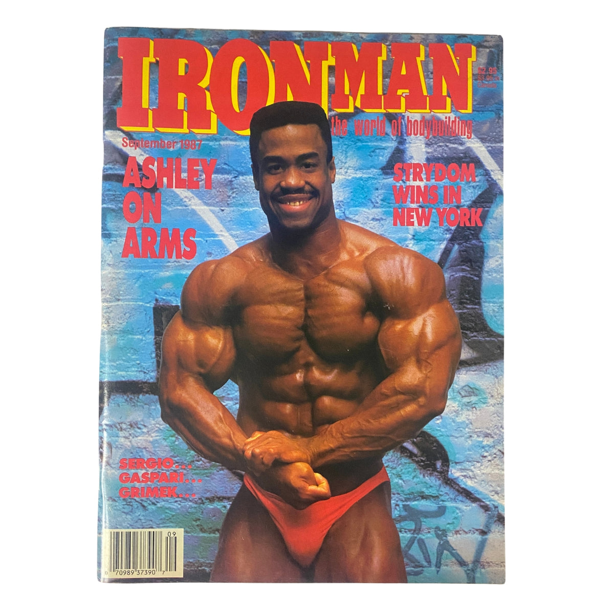 IronMan Magazine September 1987 Vol 46 No. 6 featuring Mike Ashley on the cover, showcasing his muscular physique in a striking pose against a graffiti background.