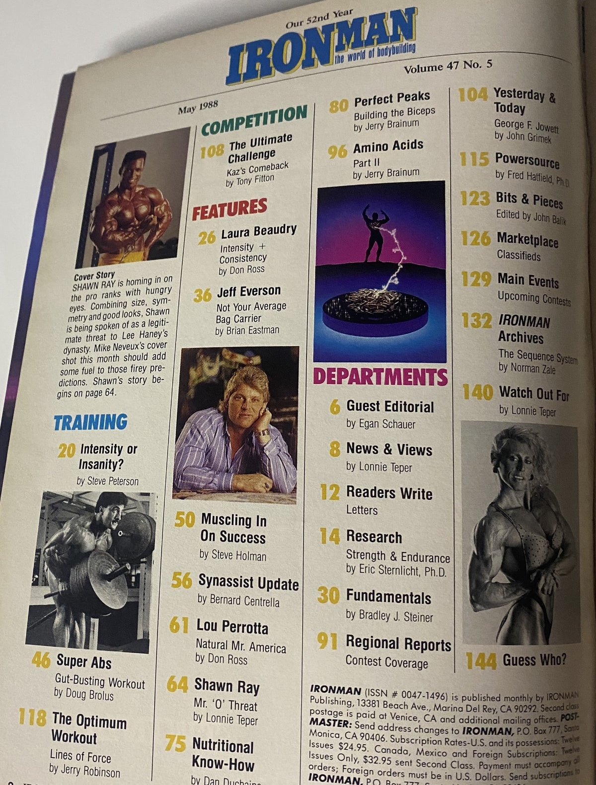 Table of Contents from IronMan Magazine May 1988 Vol 47 No. 5, listing key articles and features including Shawn Ray, training strategies, and competition highlights.