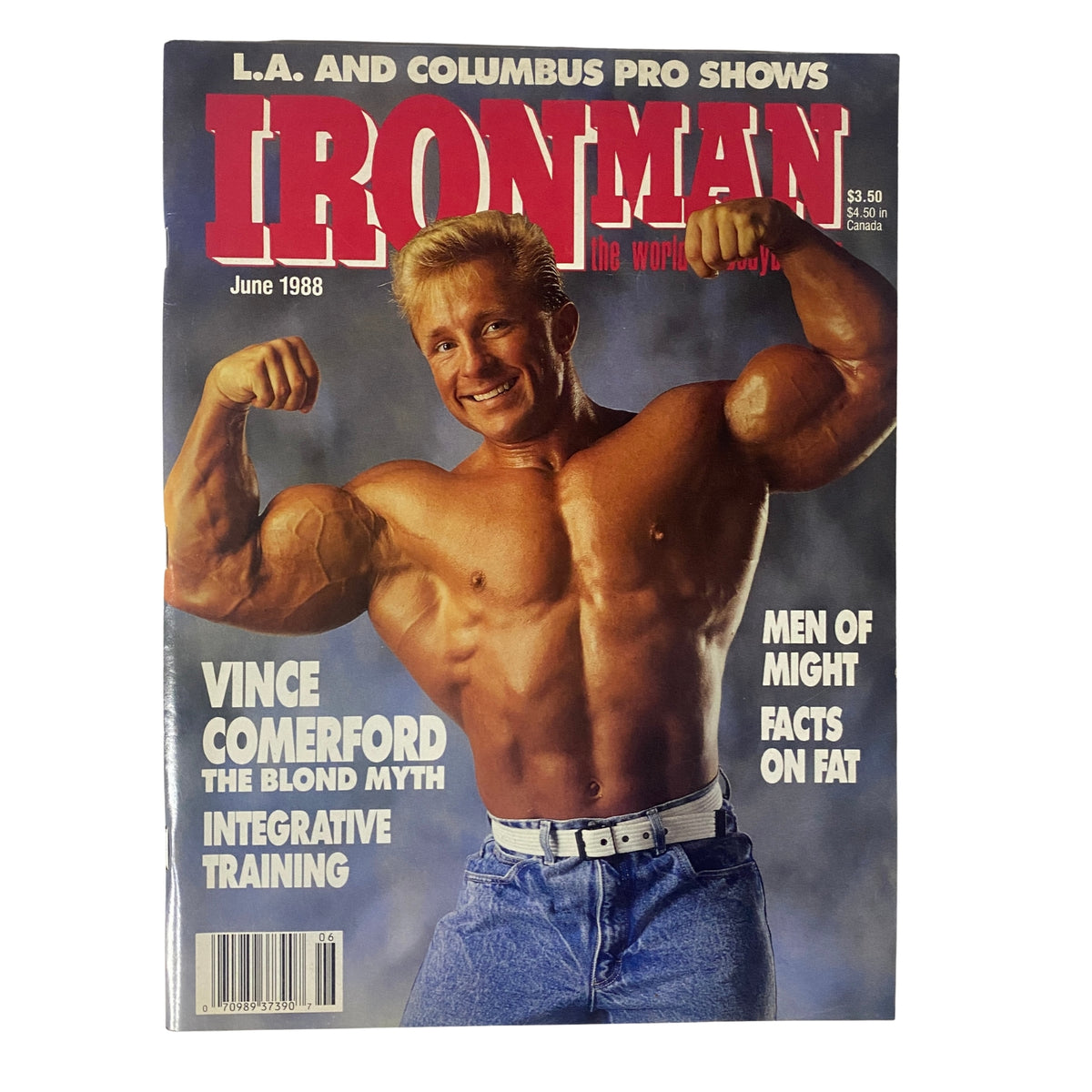 Cover of IronMan Magazine June 1988 Vol 47 No. 6 featuring Vince Comerford, known as 'The Blond Myth', showcasing his muscular physique.