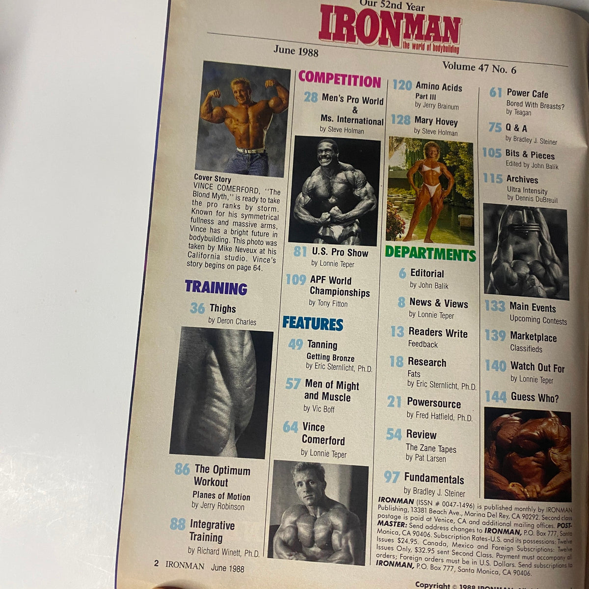 Table of Contents for IronMan Magazine June 1988 Vol 47 No. 6, highlighting features on competition, training, and articles by notable contributors in bodybuilding.
