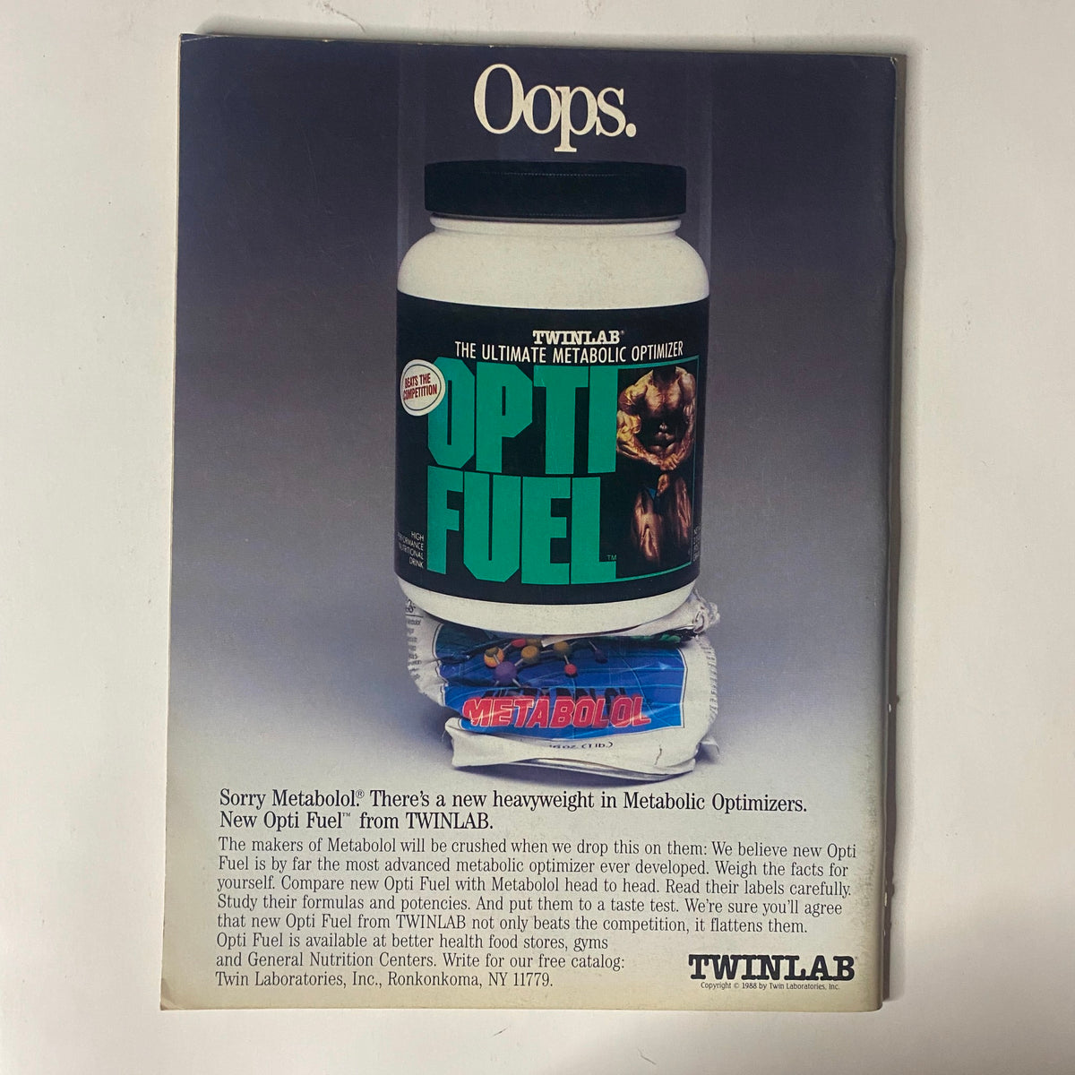 July 1988 IronMan Magazine advertisement featuring Twinlab's 'Opti Fuel' and 'Metabolol', promoting new metabolic optimizers with a focus on bodybuilding nutrition.