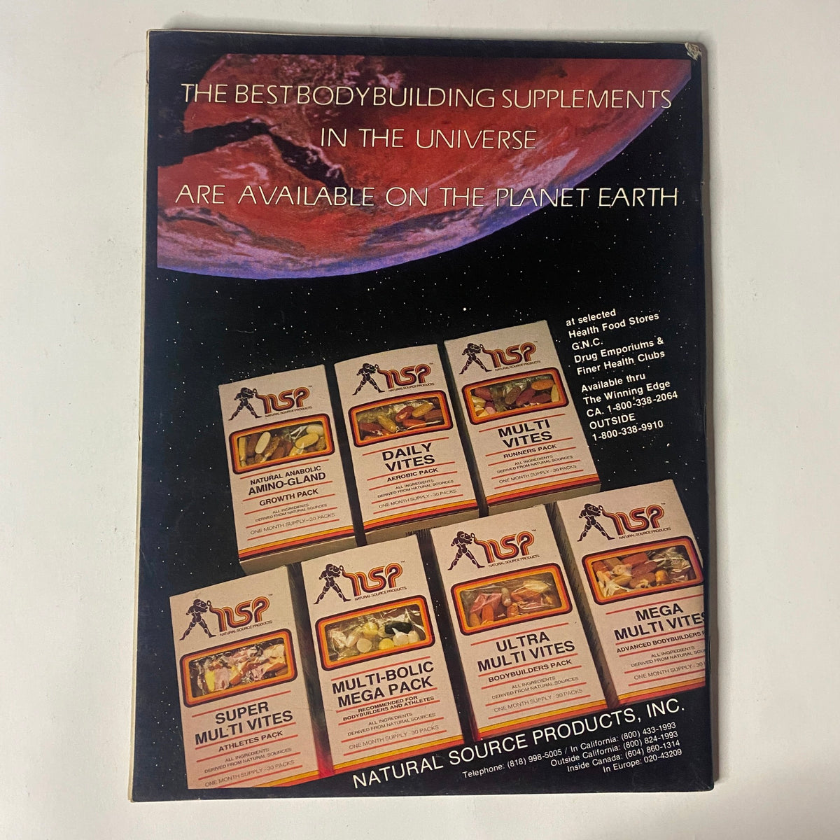Back cover of IronMan Magazine, October 1988 Vol 47 No. 10 advertising bodybuilding supplements with a graphic of the planet Earth.