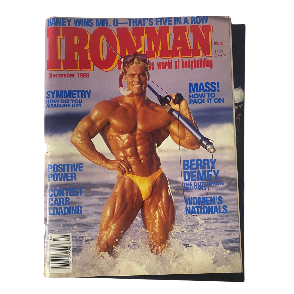 IronMan Magazine December 1988 featuring Berry DeMey on the cover, showcasing muscular physique and bodybuilding themes. Volume 47, Issue 12, highlights competitions and training insights in vintage bodybuilding.