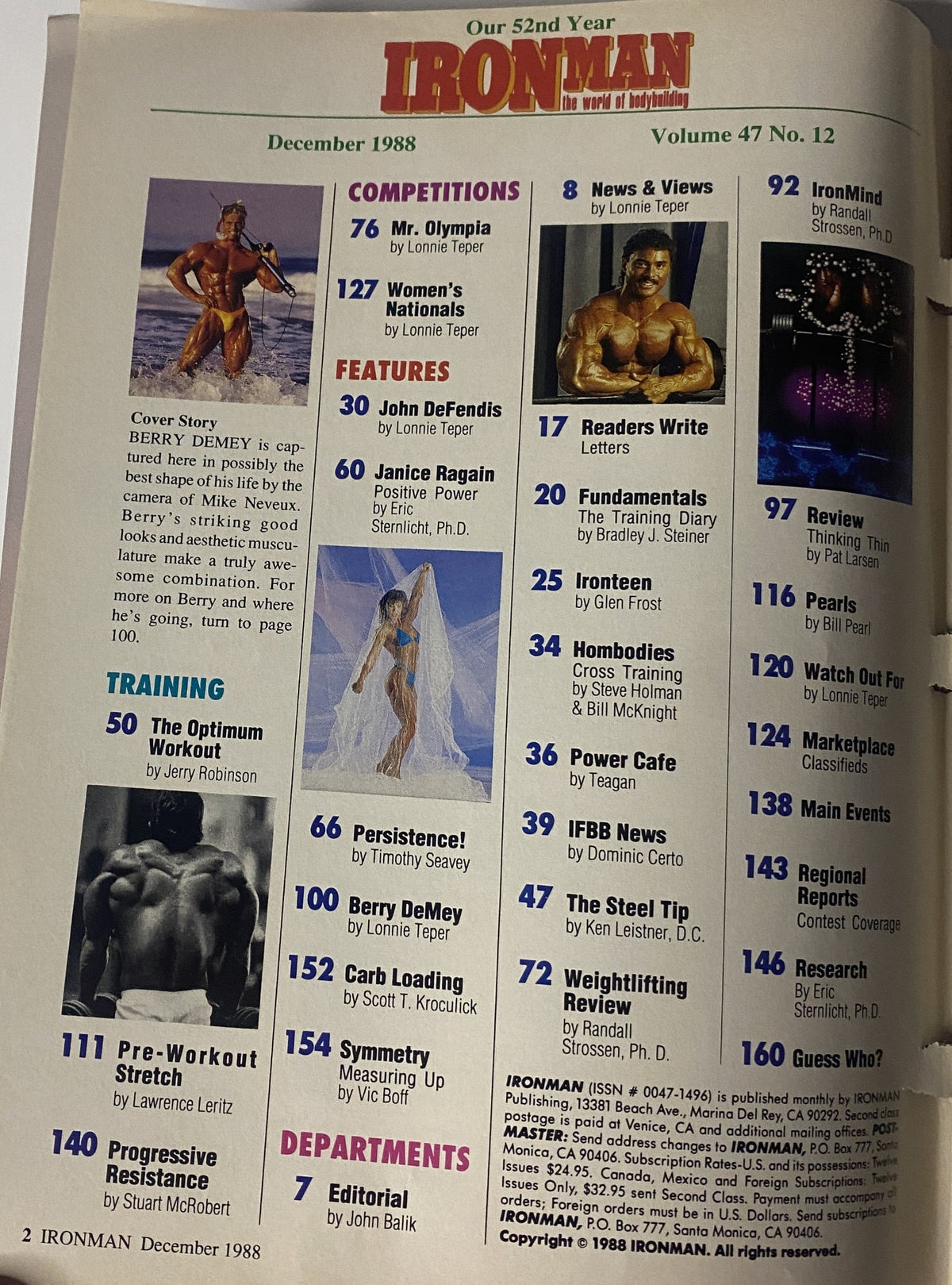 Cover of IronMan Magazine, December 1988, Vol. 47 No. 12 featuring Berry DeMey. Includes table of contents highlighting competitions, training, and features related to bodybuilding, authored by prominent contributors.