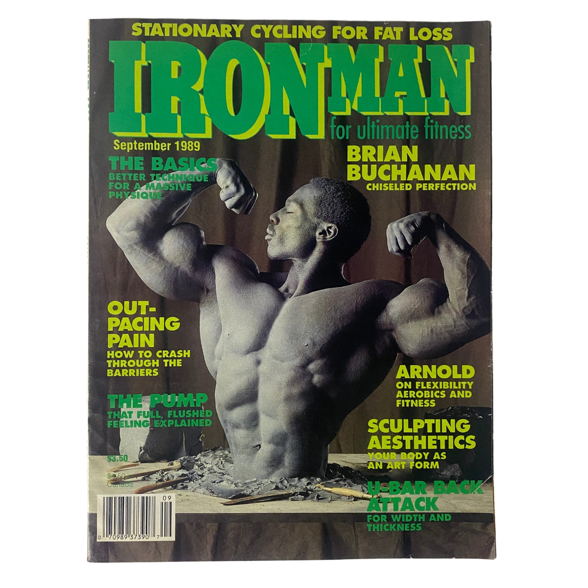 IronMan Magazine September 1989 Vol 48 No. 9 cover featuring Brian Buchanan showcasing a chiseled physique, photographed by Mike Neveux, with headlines about bodybuilding and fitness.