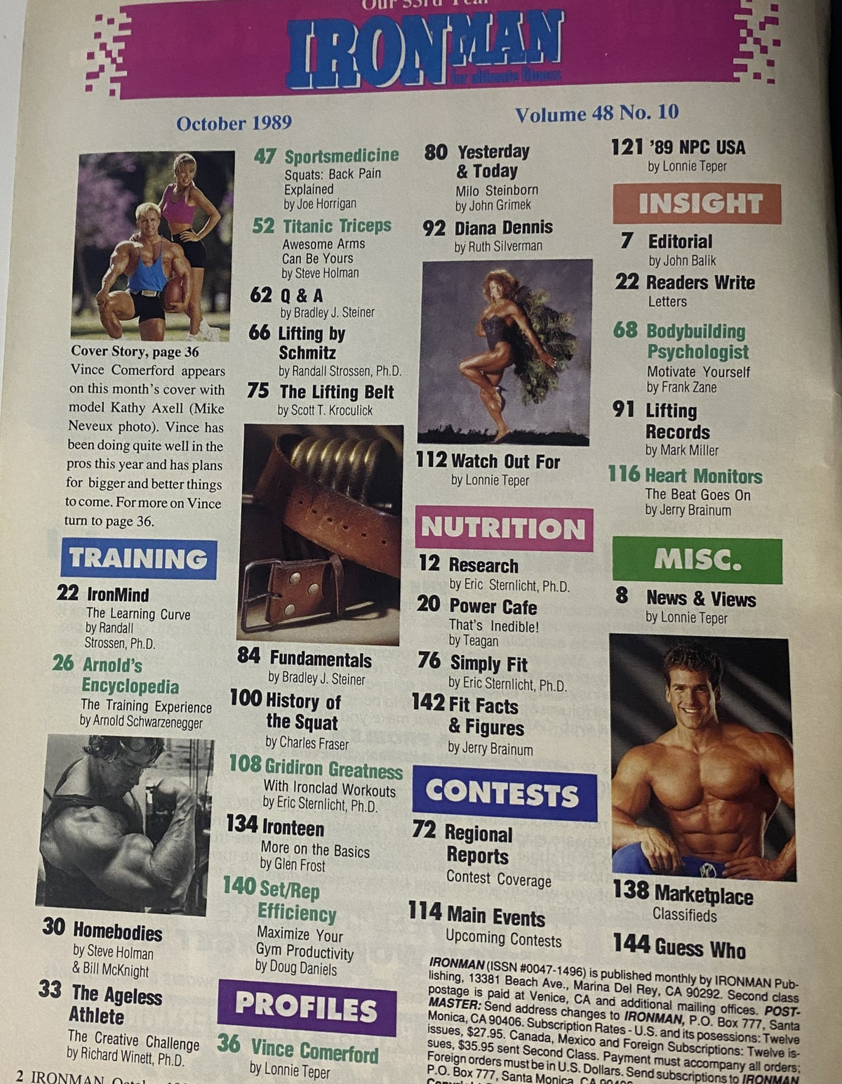 Table of contents from IronMan Magazine October 1989 Vol 48 No. 10, listing articles on training, nutrition, and profiles of bodybuilders.