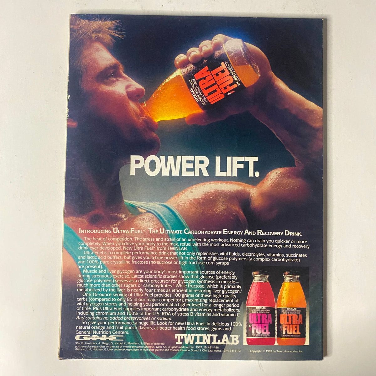 Back cover advertisement for Ultra Fuel, a sports energy drink, featured in IronMan Magazine October 1989 Vol 48 No. 10.