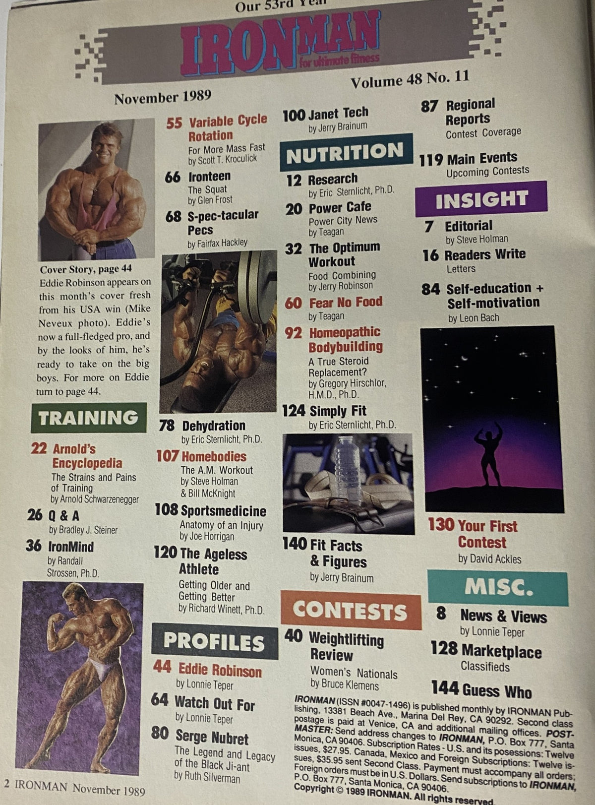 IronMan Magazine November 1989 Vol. 48 No. 11 contents page featuring articles on bodybuilding training, nutrition, and profiles including Eddie Robinson and Serge Nubret.