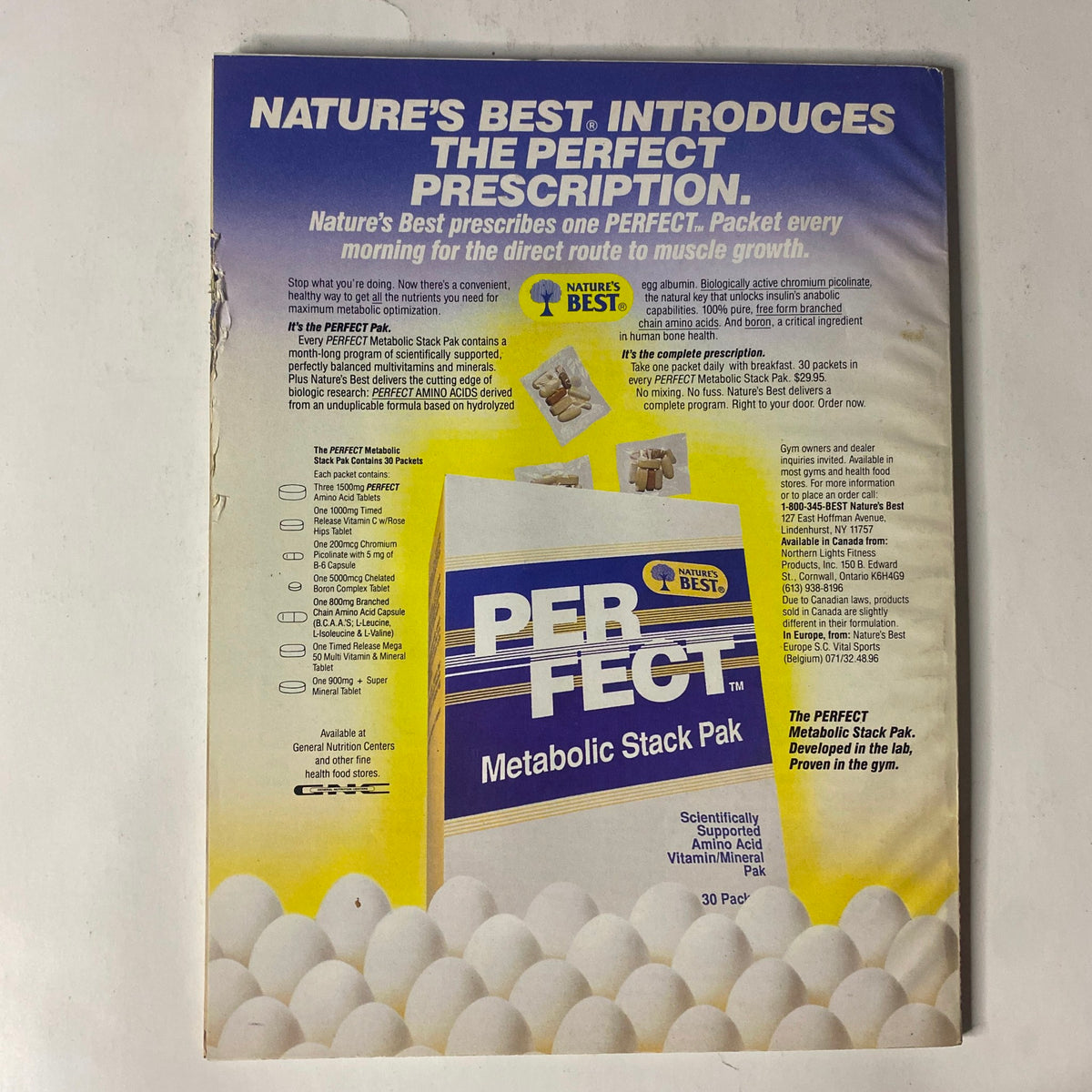 Advertisement for Nature's Best Perfect Metabolic Stack Pak in IronMan Magazine November 1989 Vol. 48 No. 11, highlighting dietary supplements for muscle growth.