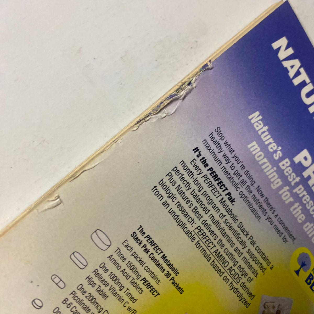 Close-up of the Nature's Best advertisement in IronMan Magazine November 1989 Vol. 48 No. 11, showing damage to the edge of the page.