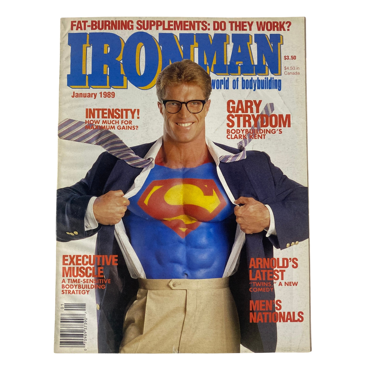 IronMan Magazine January 1989 Vol 48 No 1 featuring Gary Strydom on the cover, showcasing him in a Superman pose. This vintage bodybuilding magazine highlights fitness and bodybuilding culture of the era.