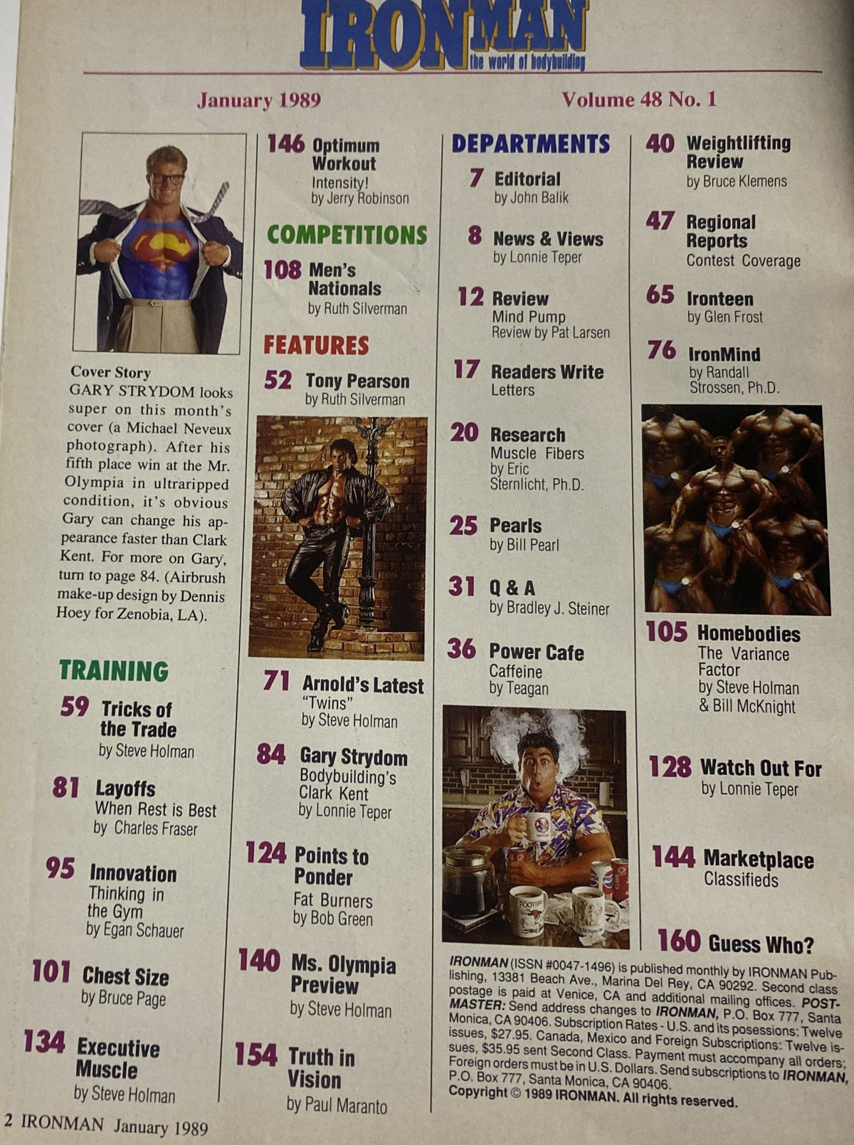 Interior page of IronMan Magazine January 1989 Vol 48 No 1, displaying the table of contents. The page details various articles and features, including content related to Gary Strydom, bodybuilding competitions, and training tips.