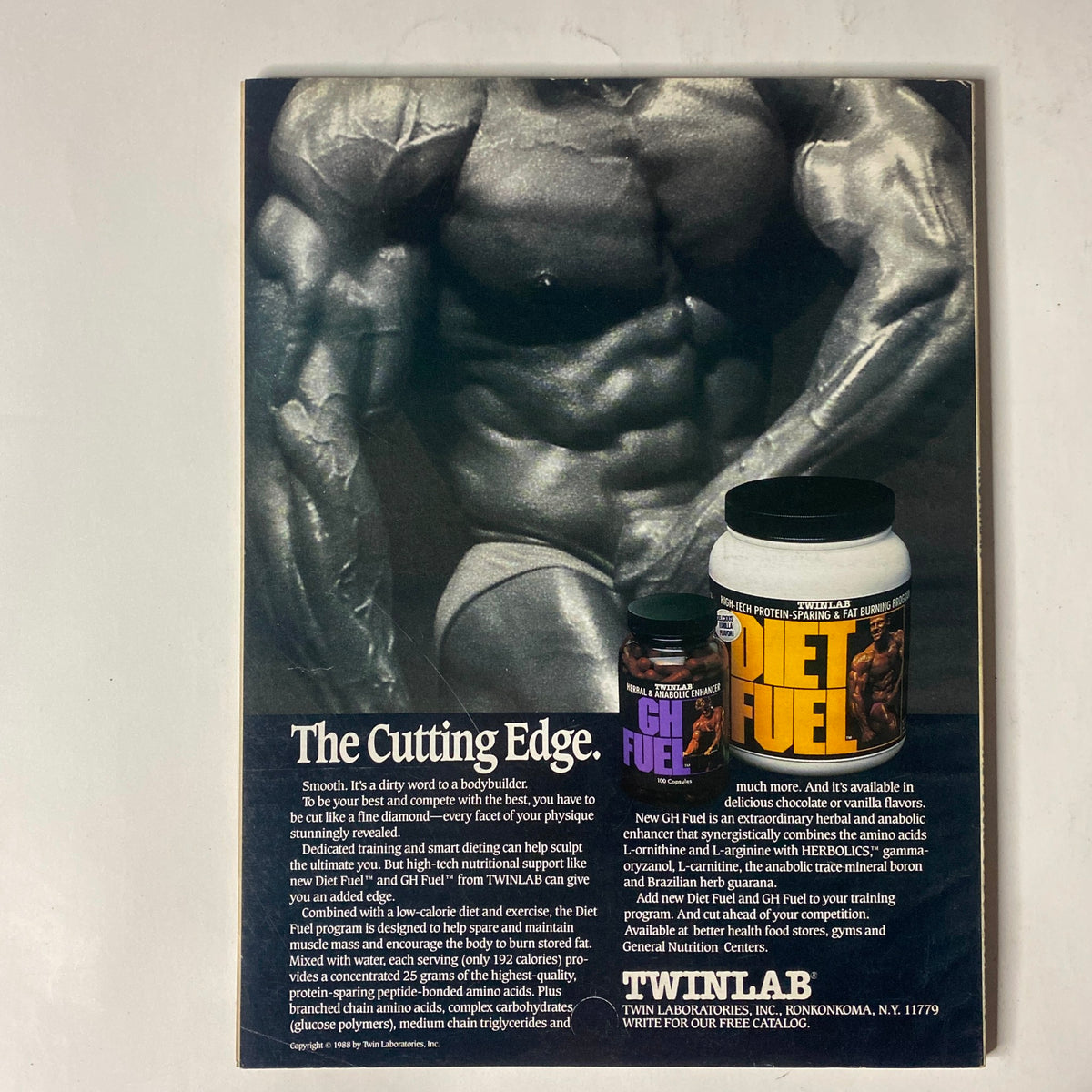 IronMan Magazine January 1989 Vol 48 No. 1 advertisement featuring bodybuilding supplements, highlighting the benefits of dietary aids for fitness enthusiasts. Promotional focus on TwinLab's GH Fuel and Diet Fuel products.