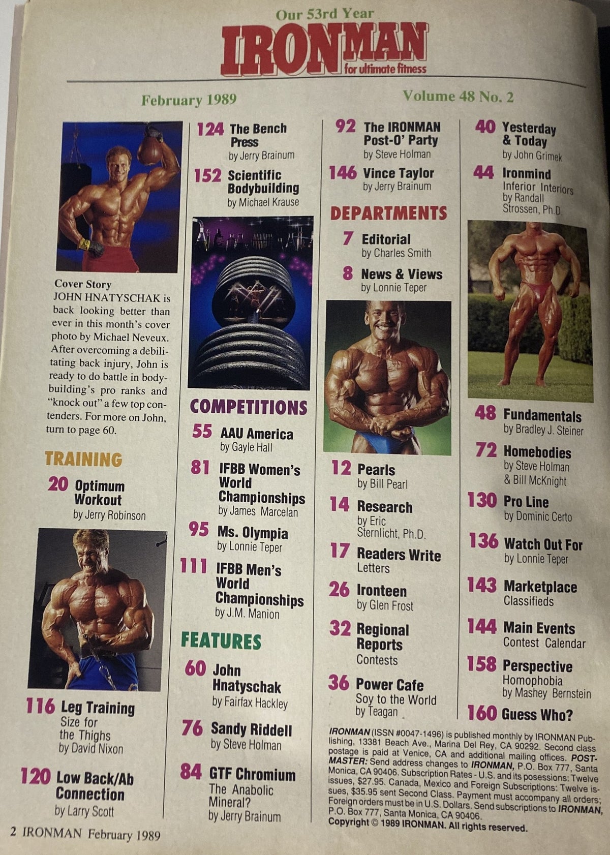 Contents page of IronMan Magazine February 1989 Vol 48 No. 2. This page lists articles on bodybuilding training, competitions, and features, including highlights from John Hnatyschak and other fitness experts.