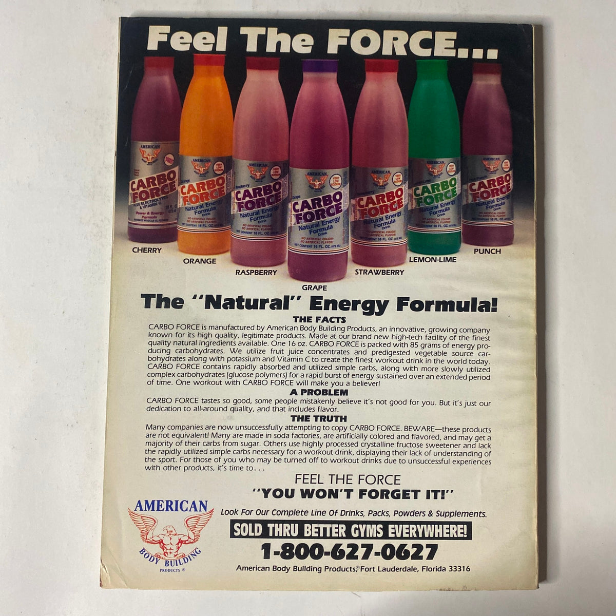 Advertisement from IronMan Magazine April 1989 Vol 48 No. 4 for Carbo Force energy drinks, highlighting various flavors and promoting the product as an energy source for bodybuilders.