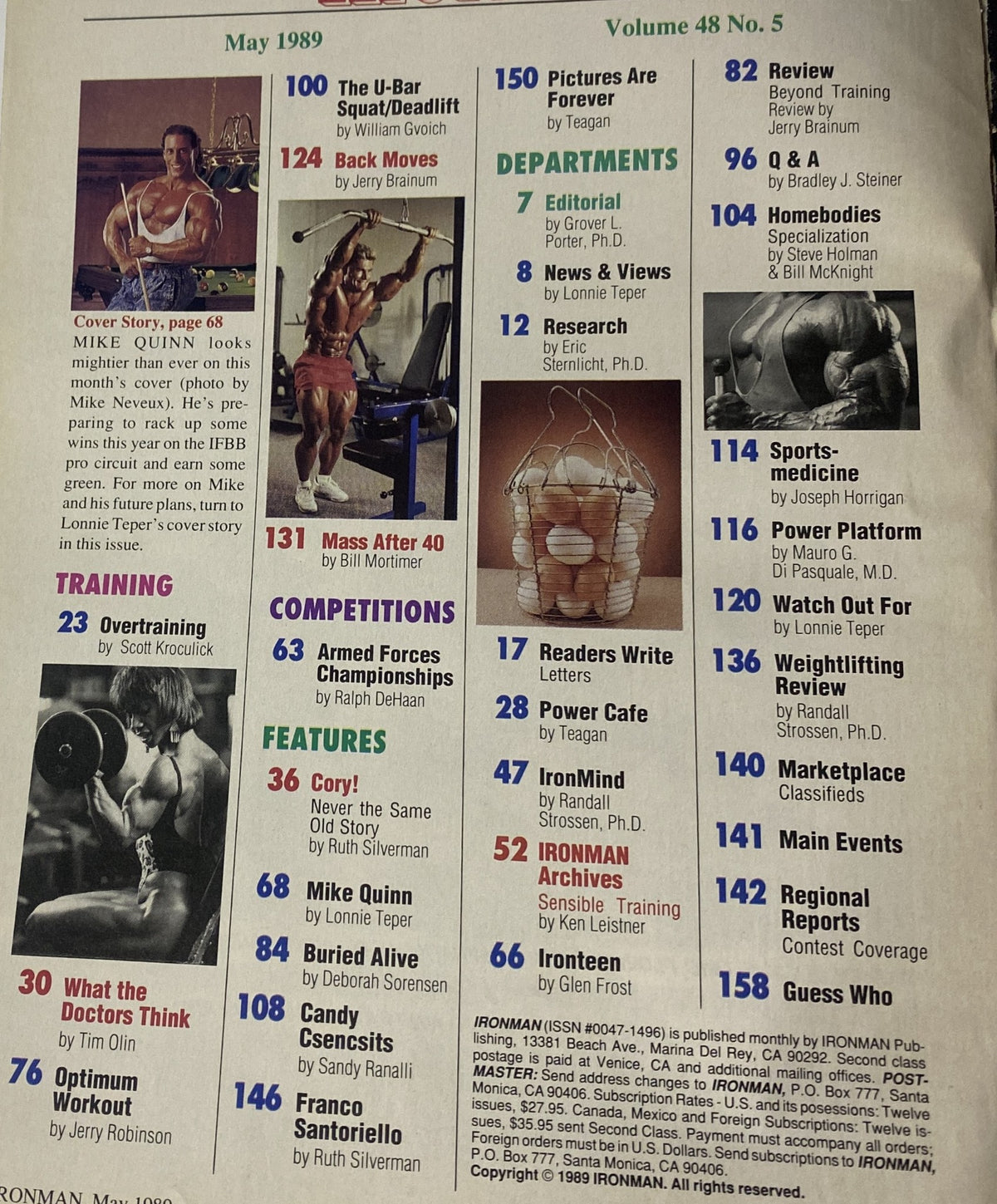 Inside page of IronMan Magazine May 1989 Vol 48 No 5 displaying the table of contents with articles on training, competitions, and features on bodybuilding legends.