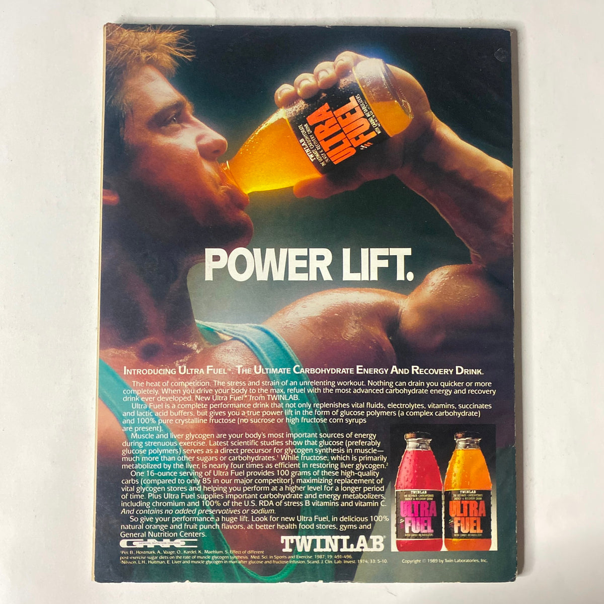 Back cover advertisement for IronMan Magazine July 1989 Vol. 48 No. 7 featuring a man showcasing a fitness drink called Ultra Fuel, promoting energy and recovery for bodybuilding enthusiasts.