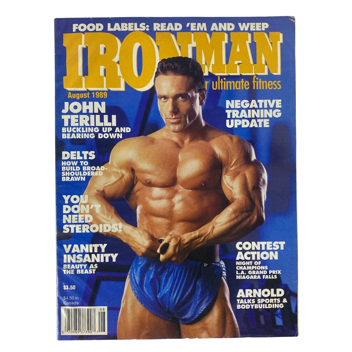 IronMan Magazine August 1989 Vol 48 No. 8 cover featuring John Terilli showcasing bodybuilding physique and workout dedication.