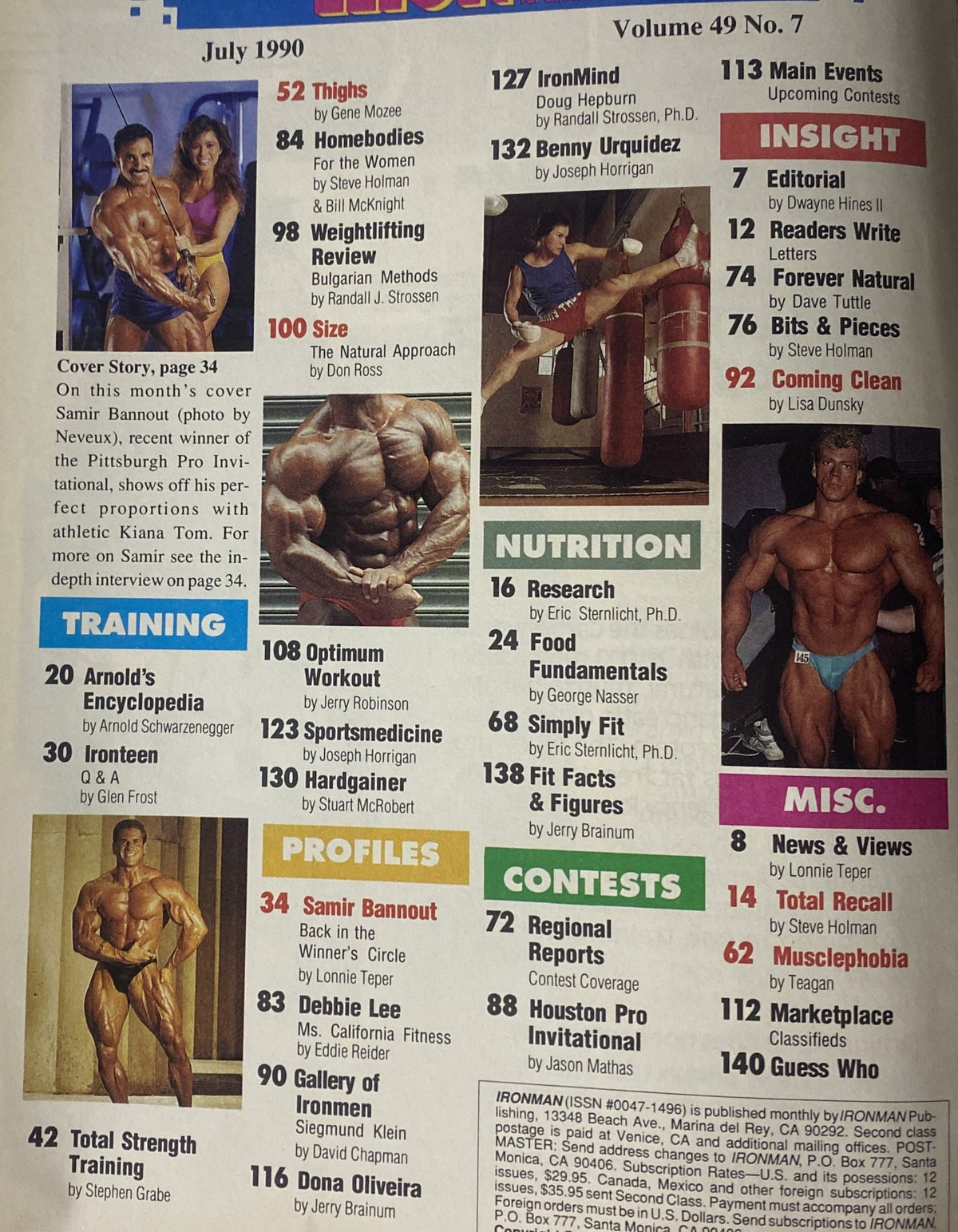 IronMan Magazine July 1990 Vol. 49 No. 7 Table of Contents featuring Samir Bannout and Kiana Tom, highlighting articles on training, nutrition, profiles, contests, and insights in bodybuilding.