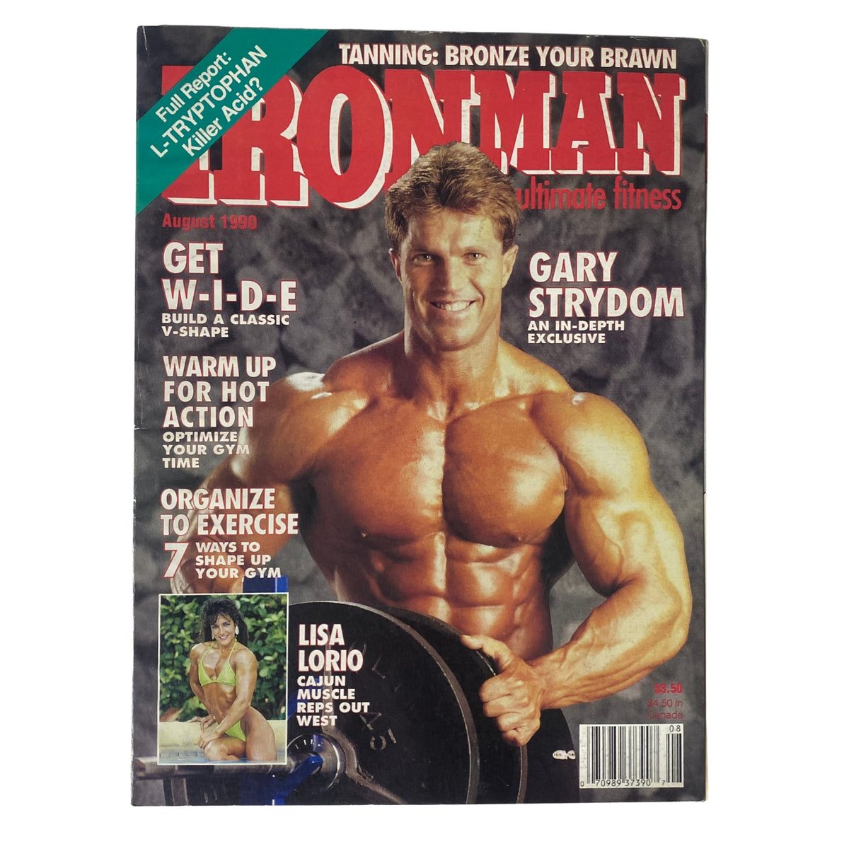 Cover of IronMan Magazine August 1990 Vol 49 No. 8 featuring Gary Strydom showcasing his impressive physique as he prepares for the 1990 Mr. Olympia.