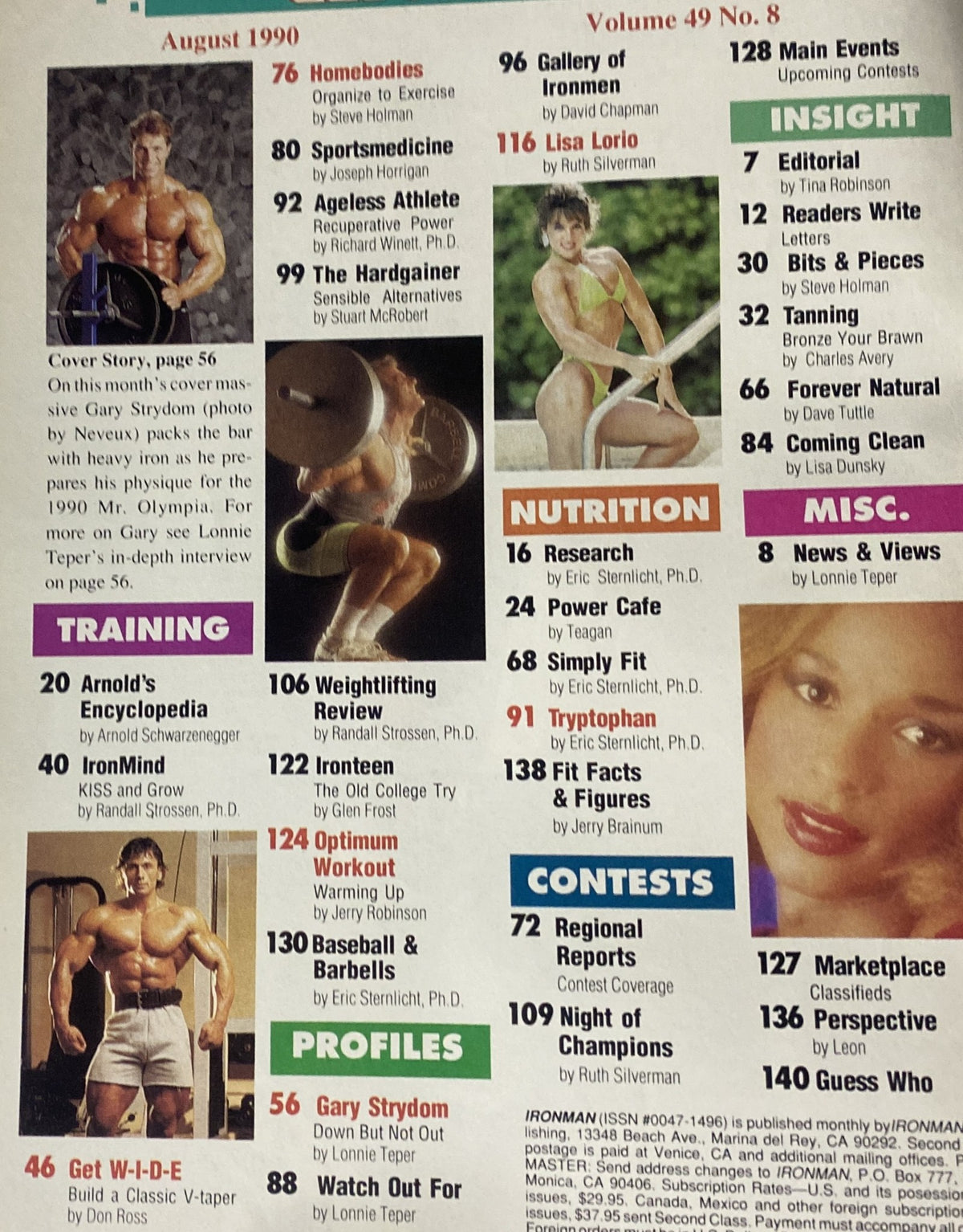 Table of contents of IronMan Magazine August 1990 Vol 49 No. 8 listing articles on training, nutrition, profiles, contests, and insights, including contributions from Arnold Schwarzenegger and Gary Strydom.