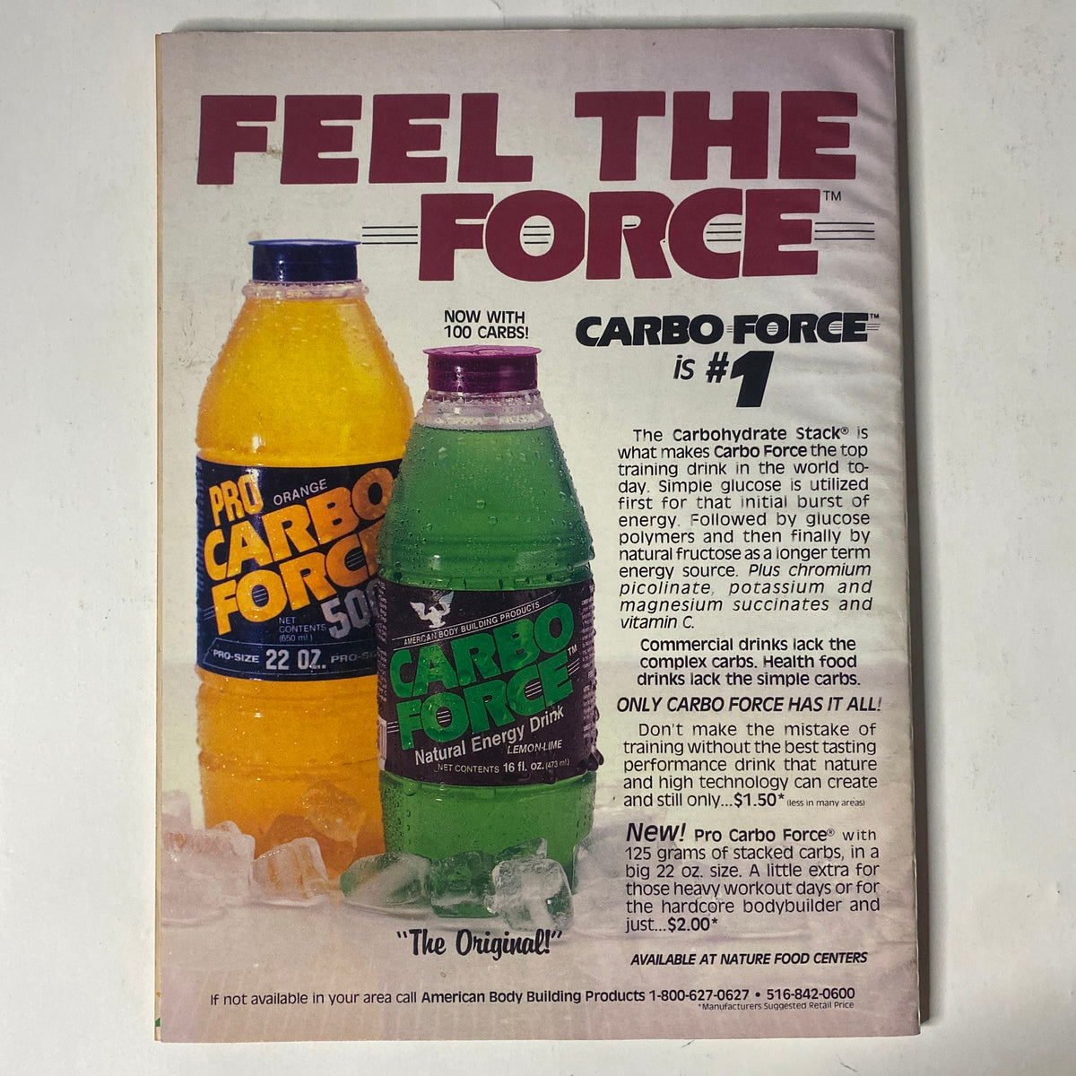 Back cover of IronMan Magazine August 1990 Vol 49 No. 8 advertising Carbo Force, a natural energy drink, highlighting its benefits and availability.