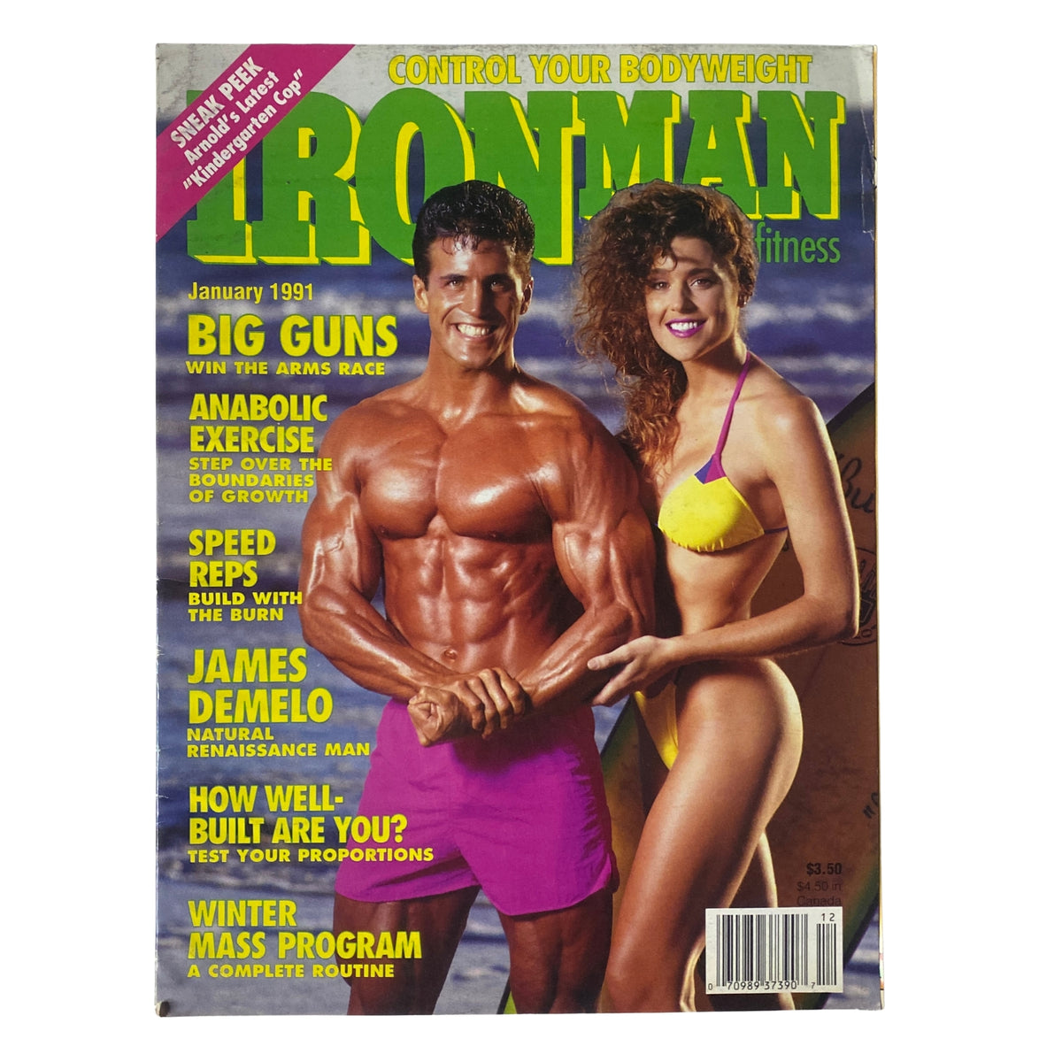 IronMan Magazine January 1991 Vol 50 No. 1 cover featuring bodybuilder James DeMelo and Anita Hart, showcasing the theme of natural bodybuilding with a vibrant beach background.