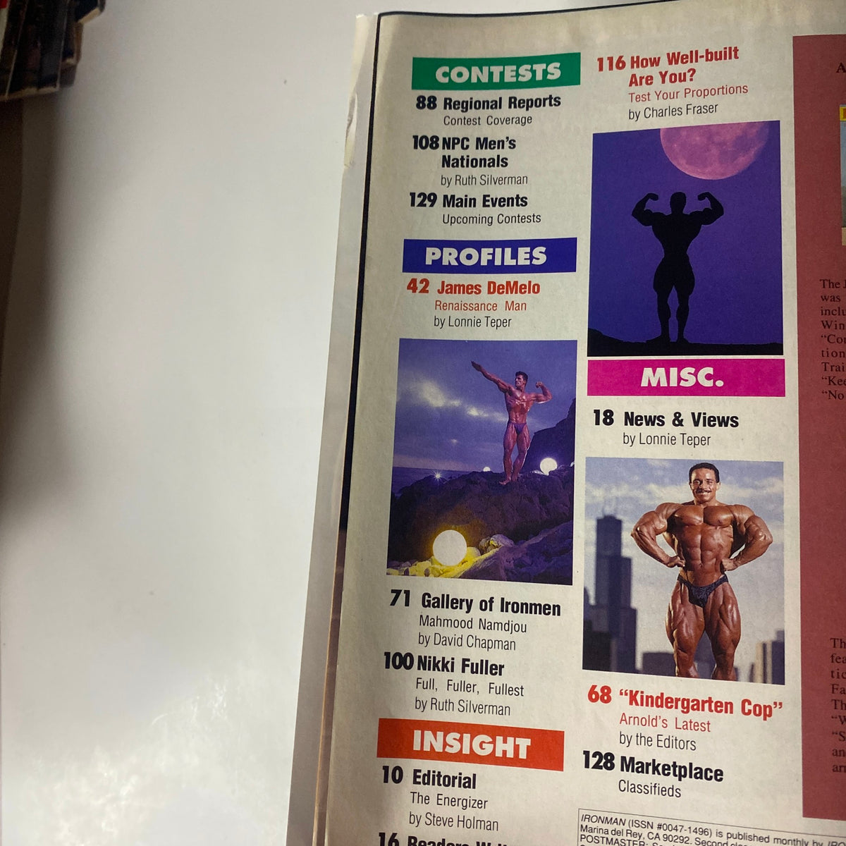 IronMan Magazine January 1991 Vol 50 No. 1 profile page featuring James DeMelo, discussing his achievements and bodybuilding philosophy, accompanied by a striking image of him in action.