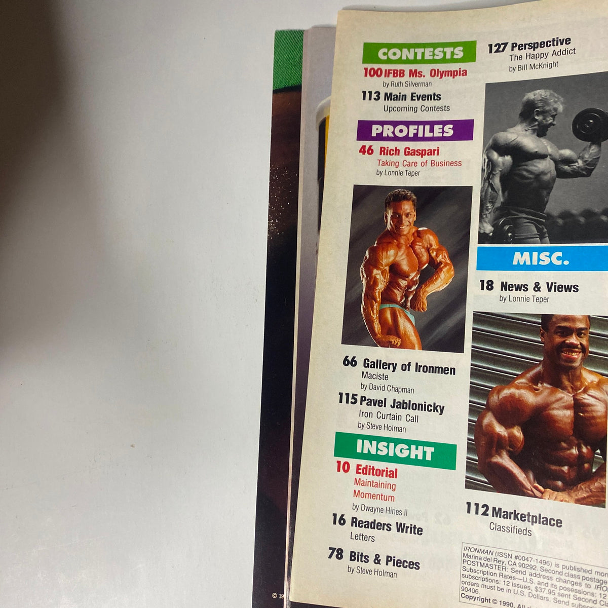 Inside page of IronMan Magazine February 1991 Vol 50 No 2 highlighting Rich Gaspari's profile and contest information, along with training insights by various bodybuilding experts.