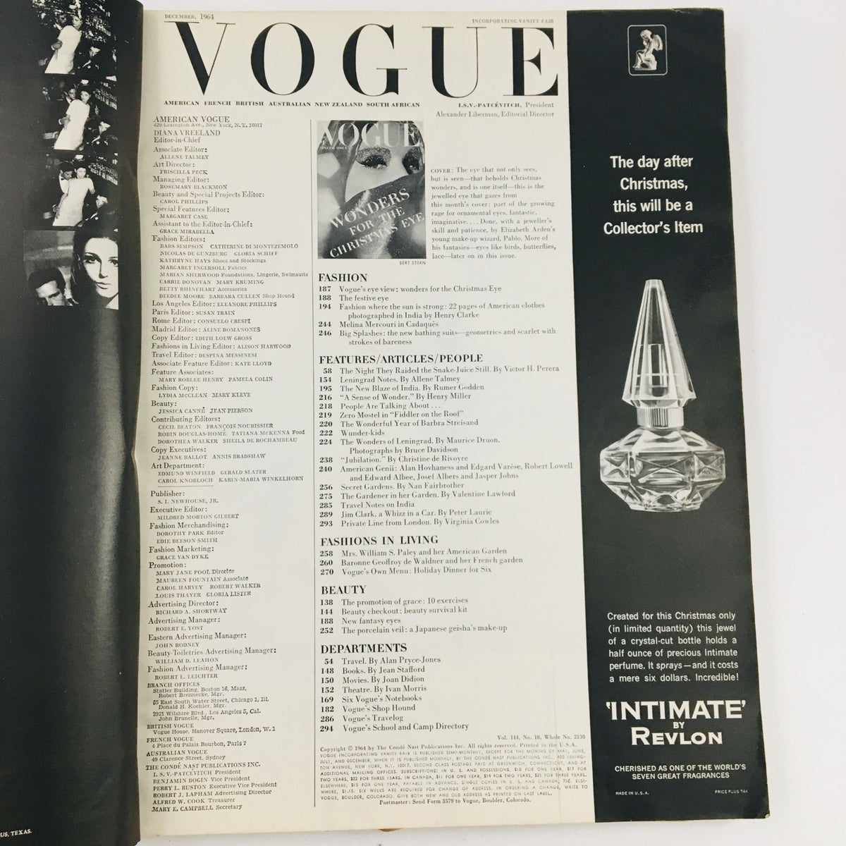 Interior page of VTG Vogue Magazine December 1964, showcasing the Table of Contents, emphasizing articles on Christmas fashion and culture.