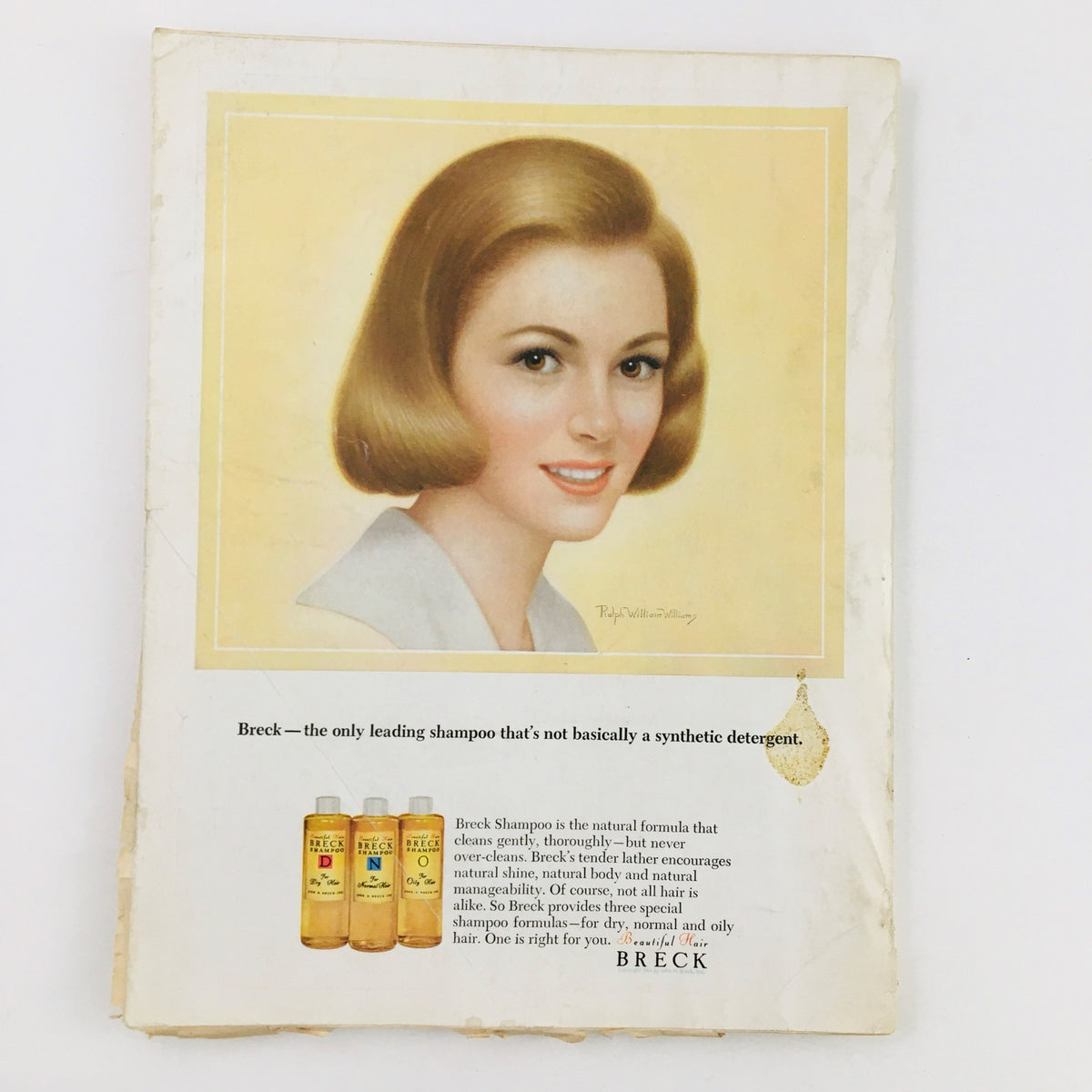 Vintage magazine advertisement for Breck Shampoo featuring a woman with short blonde hair, captioned 'Breck - the only leading shampoo that's not basically a synthetic detergent', from the VTG Vogue Magazine December 1964.