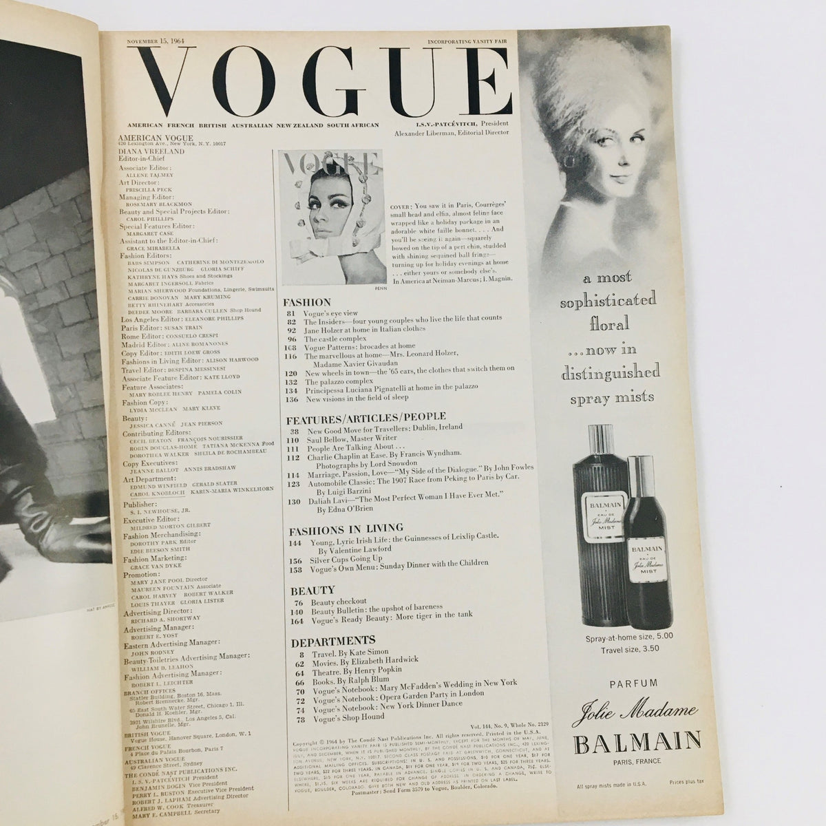 Inside page of VTG Vogue Magazine November 15, 1964, showcasing the table of contents with fashion editorials and advertisements.