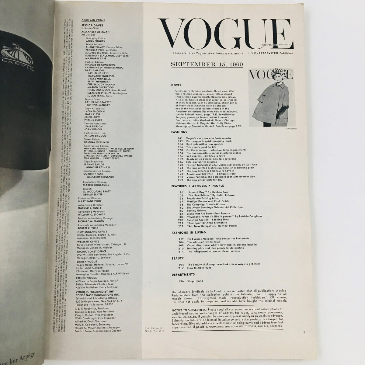 Table of contents from VTG Vogue Magazine September 15 1960, featuring sections on fashion, articles, and beauty tips.