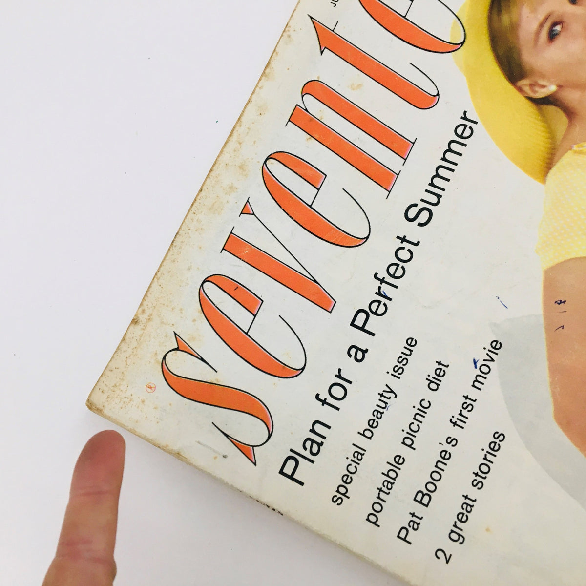 Close-up of the cover of VTG Seventeen Magazine June 1957, featuring the title 'Seventeen' and the subtitle 'Plan for a Perfect Summer', highlighting its vintage charm.
