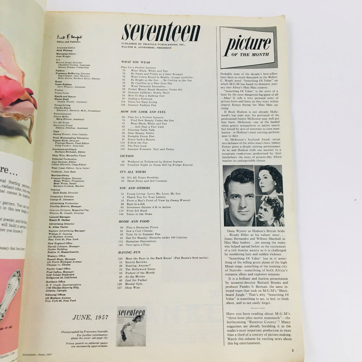 Interior page of VTG Seventeen Magazine June 1957, displaying the magazine's contents list, showcasing articles and features typical of mid-century teen magazines.