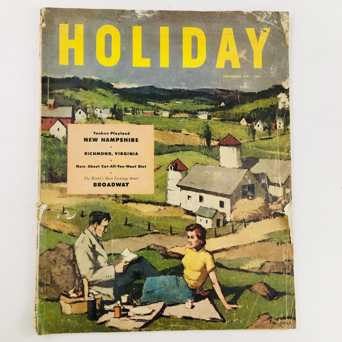VTG Holiday Magazine September 1951 featuring the cover illustration showcasing a couple, countryside, and a vintage typography of Holiday with the subtitle 'The World's Most Exciting Street Broadway'.