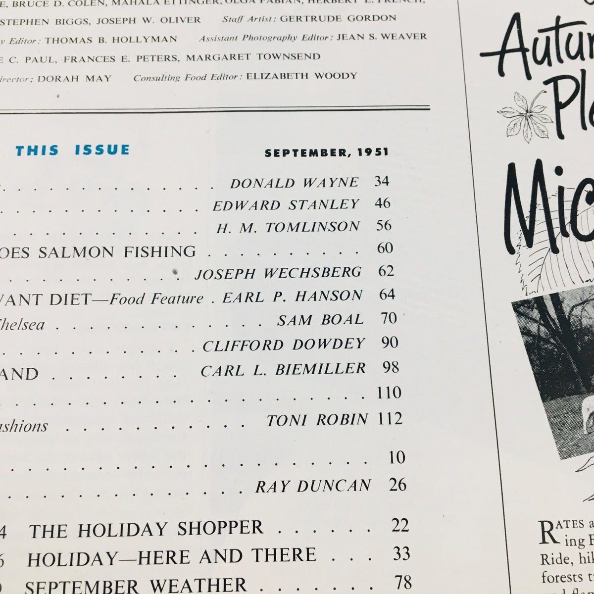 VTG Holiday Magazine September 1951 interior pages showcasing contents including articles and features from the era.