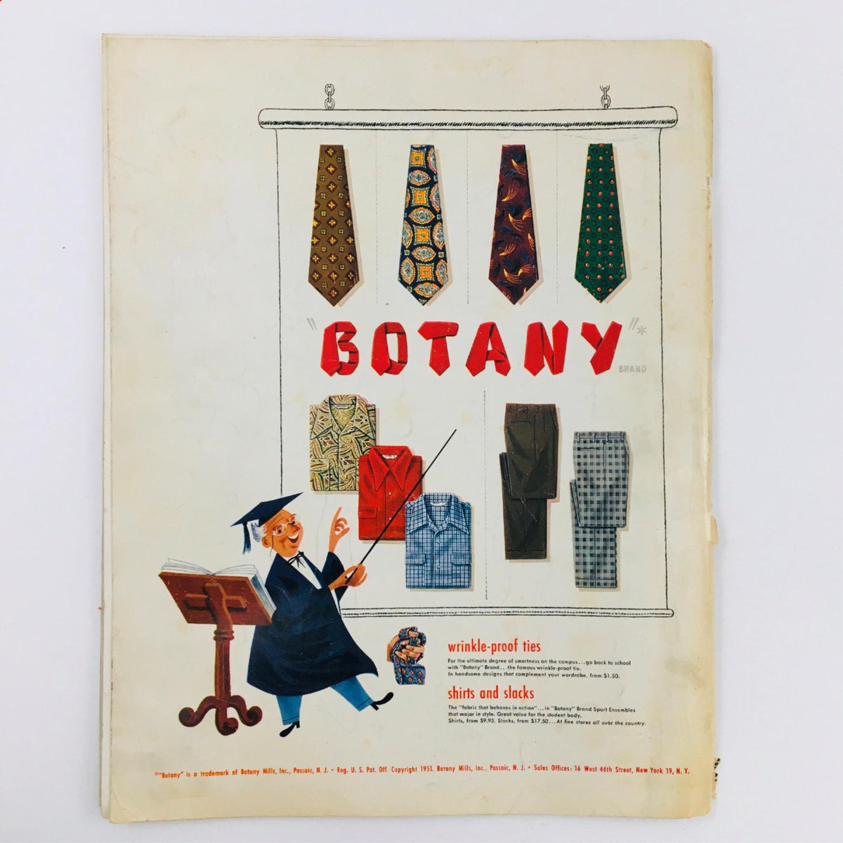 VTG Holiday Magazine September 1951 displaying an advertisement for Botany brand clothing with an animated character.