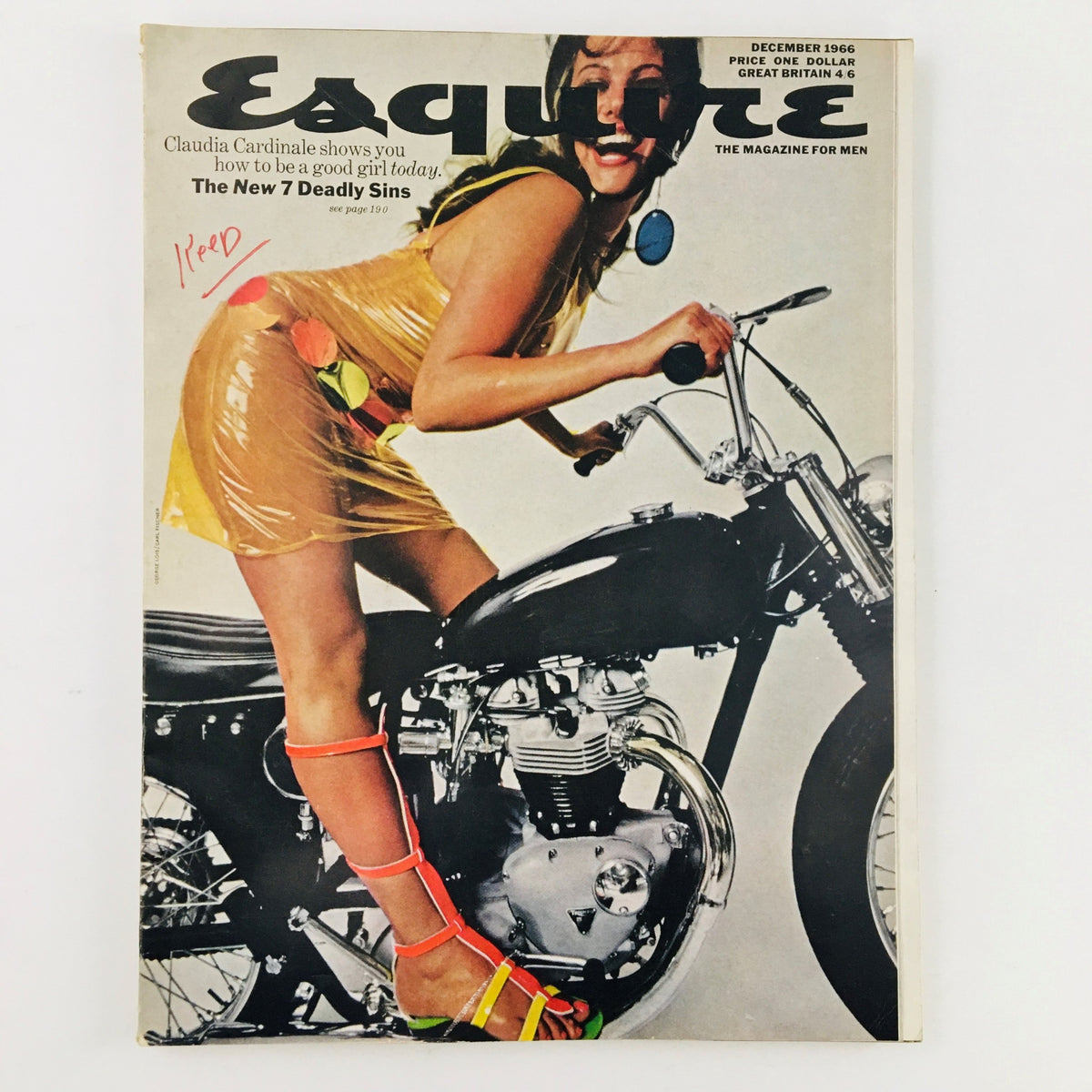 Cover of VTG Esquire Magazine December 1966 featuring Claudia Cardinale, showcasing her on a motorcycle, emphasizing the theme 'The New 7 Deadly Sins.'
