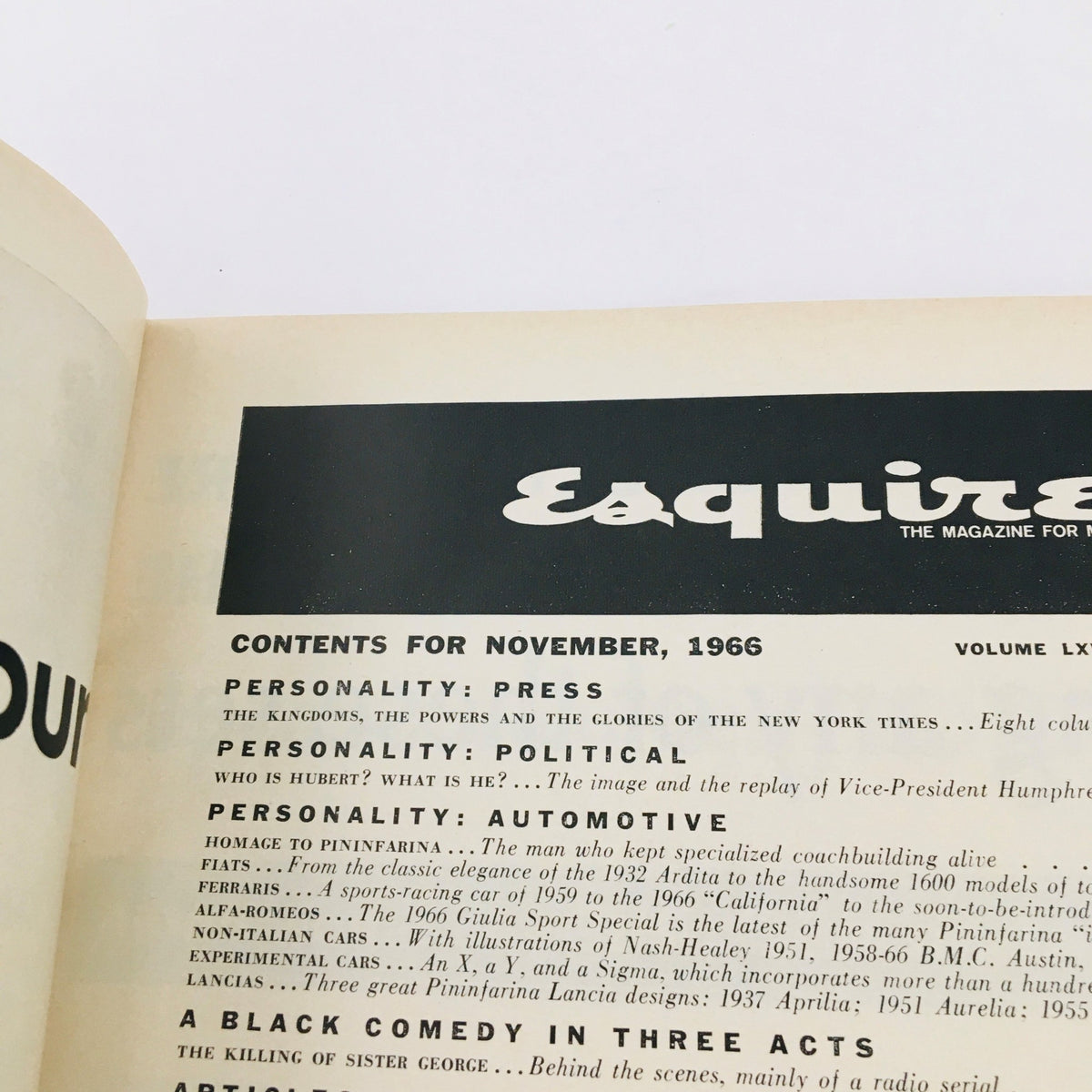 Esquire Magazine November 1966 contents page featuring articles on press and politics, including a section about Hubert Humphrey. Historical insights into the 1960s American culture and political climate.