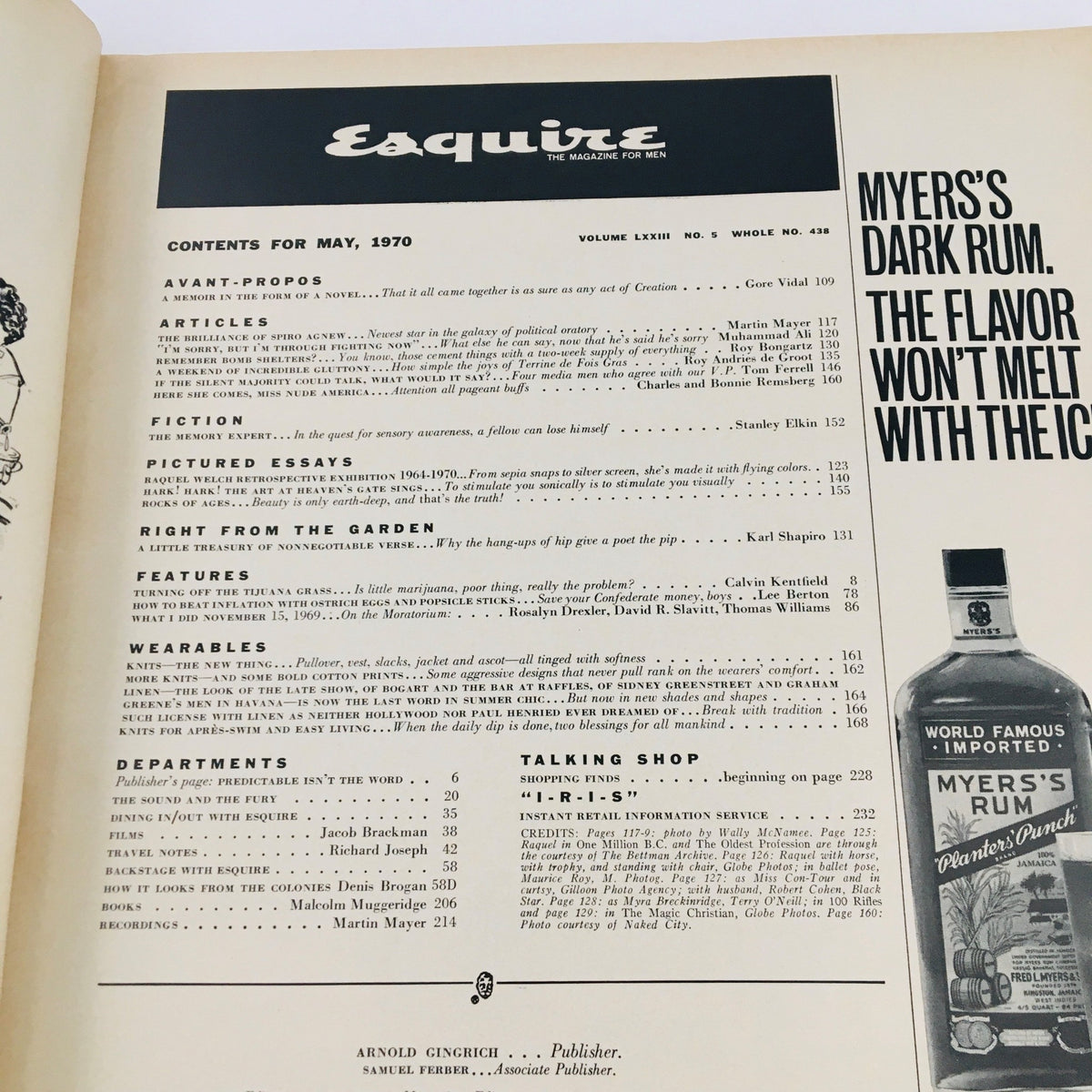 Inside contents page of VTG Esquire Magazine May 1970, detailing articles and features, highlighting the magazine's engagement with political and cultural topics.