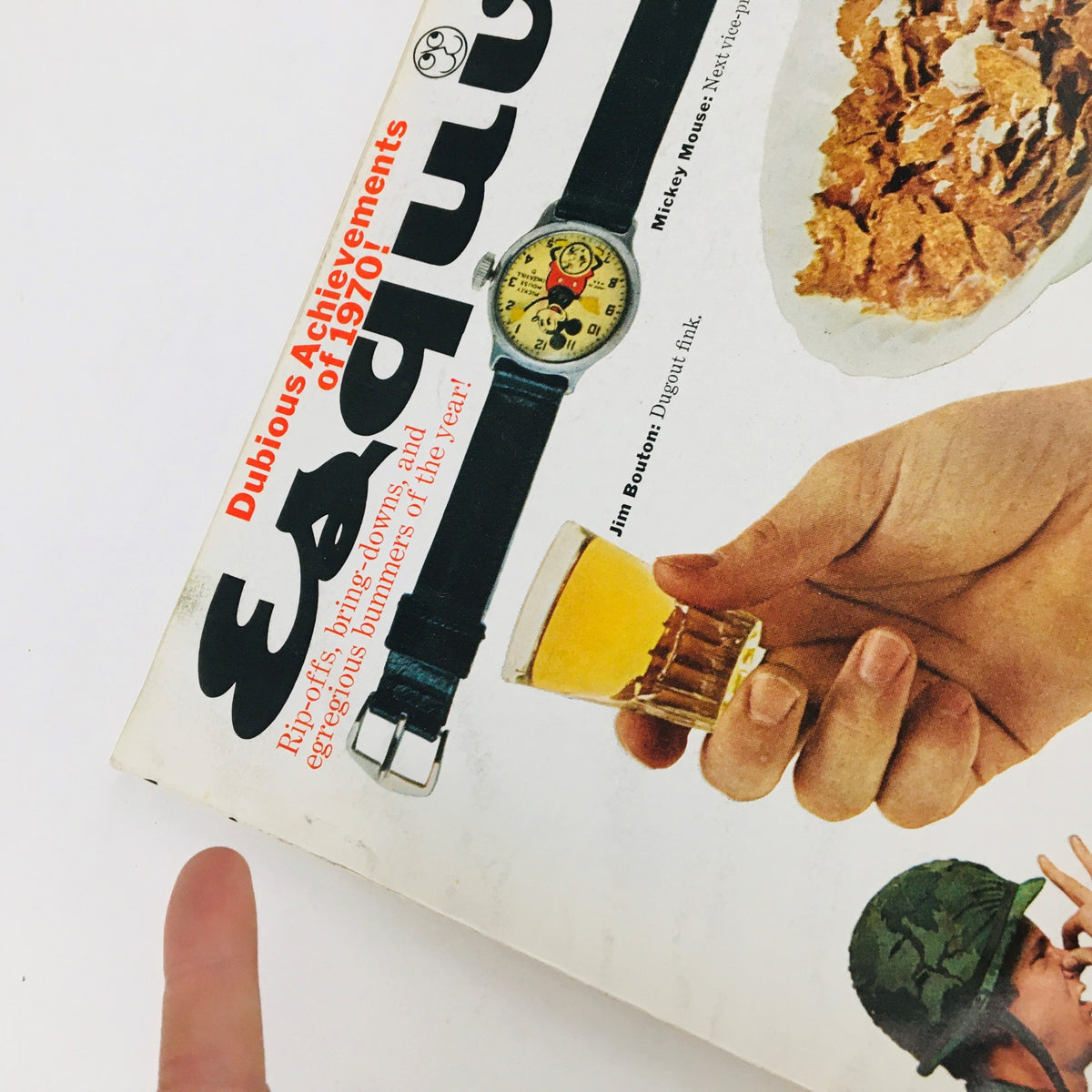 Close-up view of the VTG Esquire Magazine January 1971 cover, showcasing the bold typography and iconic imagery including Jim Bouton and Mickey Mouse.